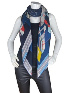 Hermes NWT Chic, Le Sport! Marine Blue Rouge Nautrel Silk/ Cashmere Shawl Scarf