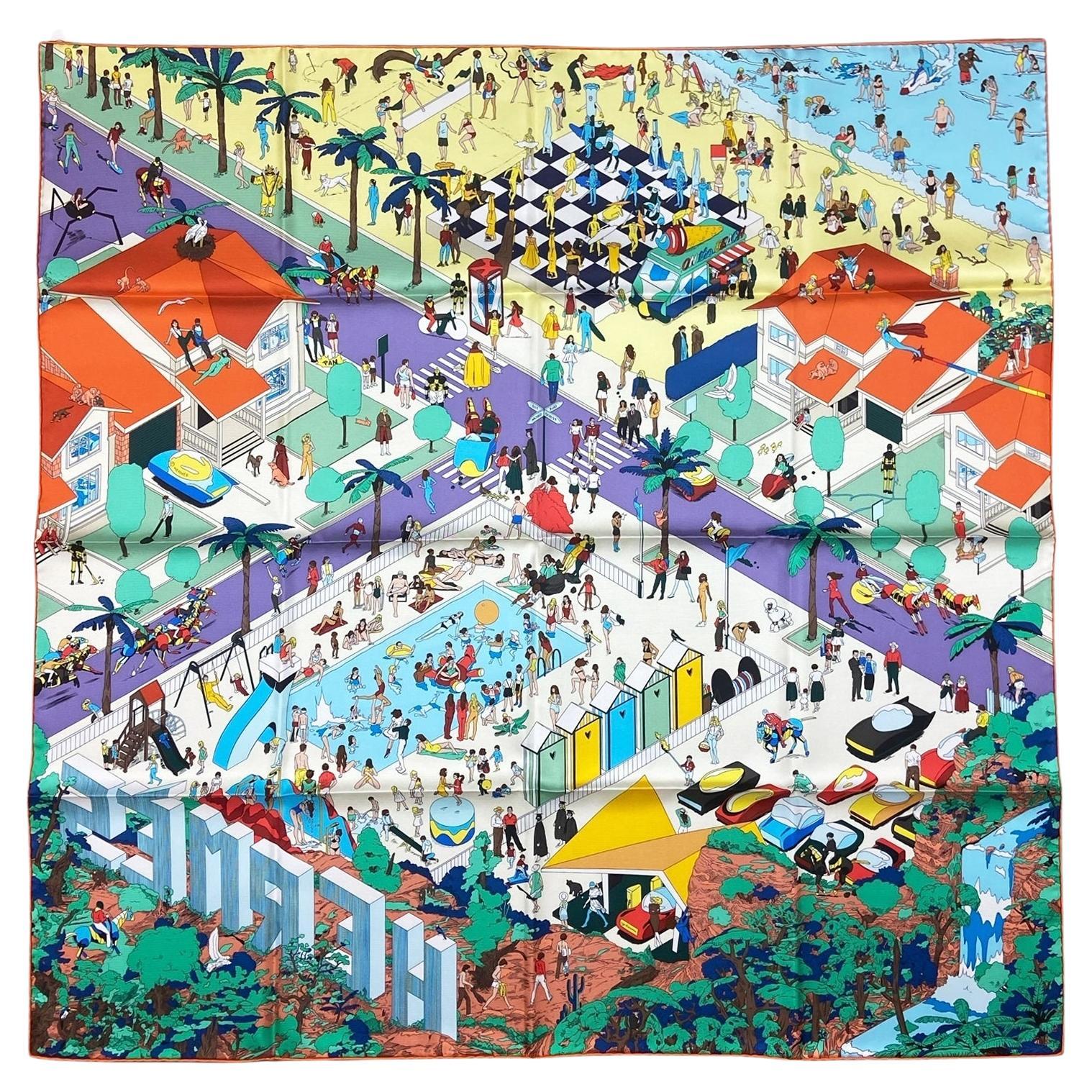 Hermes NWT Juane Sofre/Viole Hermes on the Beach 90cm Silk Scarf For Sale