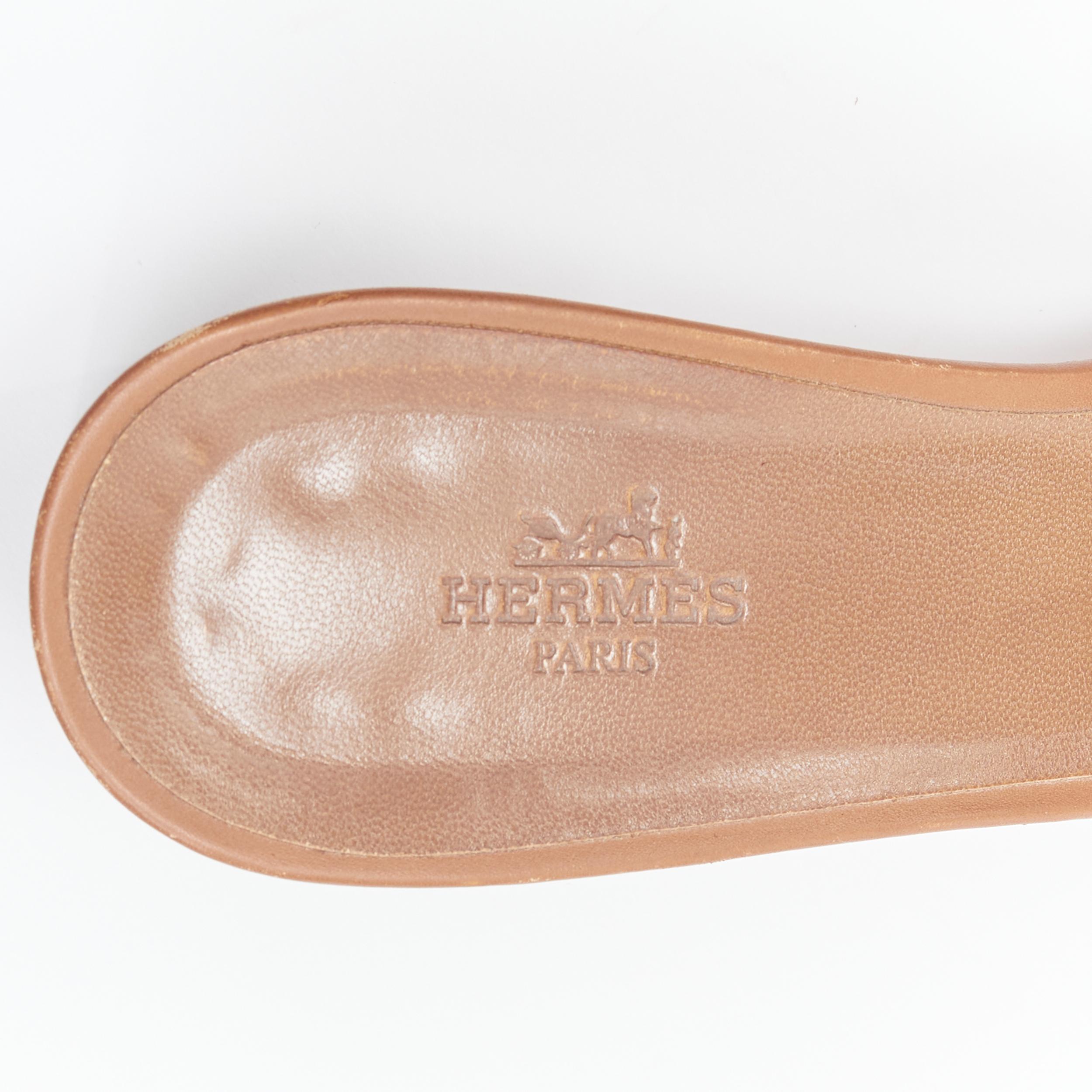 HERMES Oasis H logo tan brown leather wooden block heel slide sandals EU38.5 2