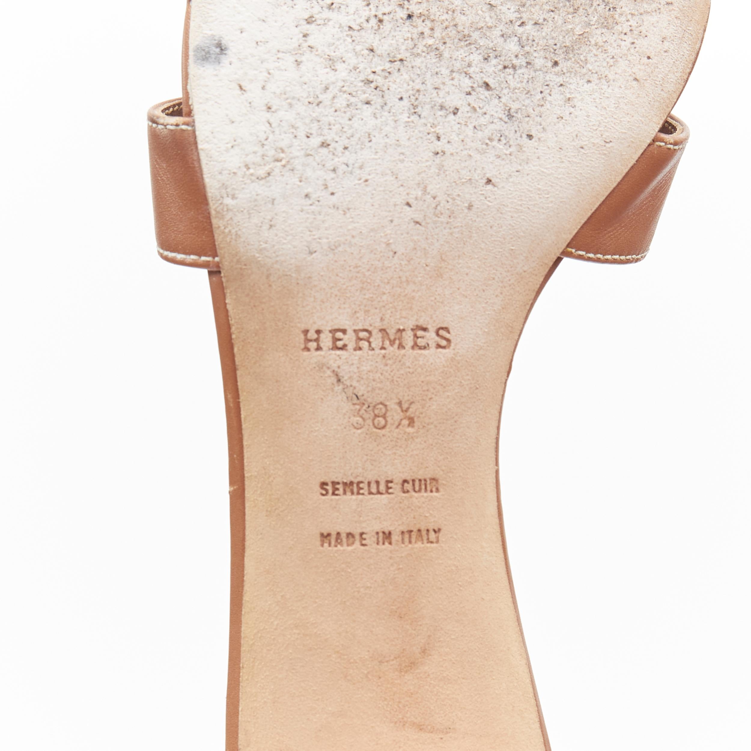HERMES Oasis H logo tan brown leather wooden block heel slide sandals EU38.5 3