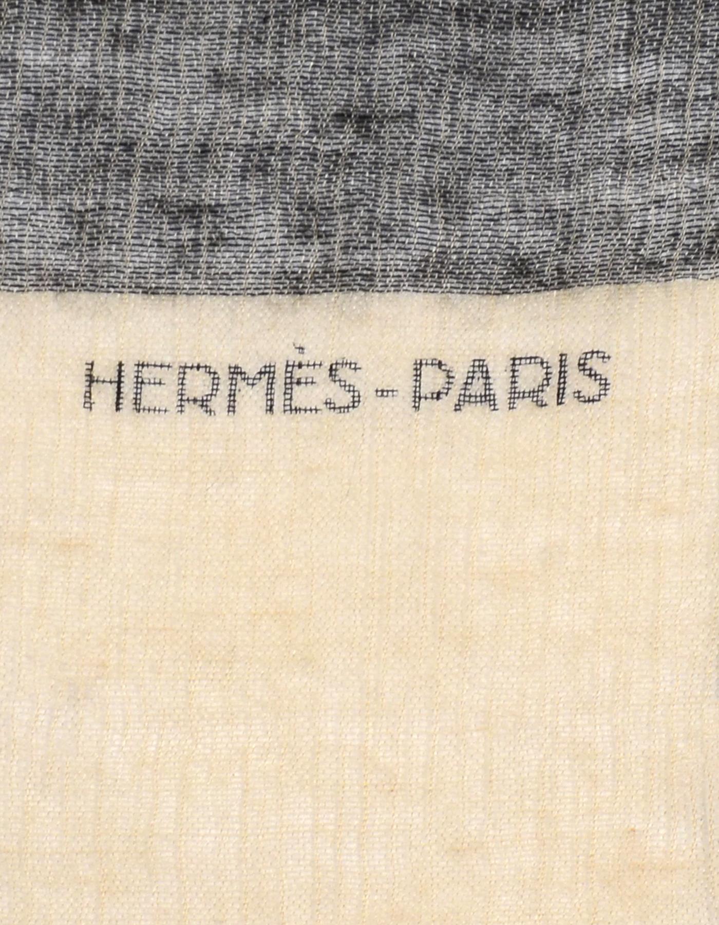 Beige Hermes Oatmeal XL Cashmere/Silk Scarf/Shawl W/ Striped Rust/Black Border
