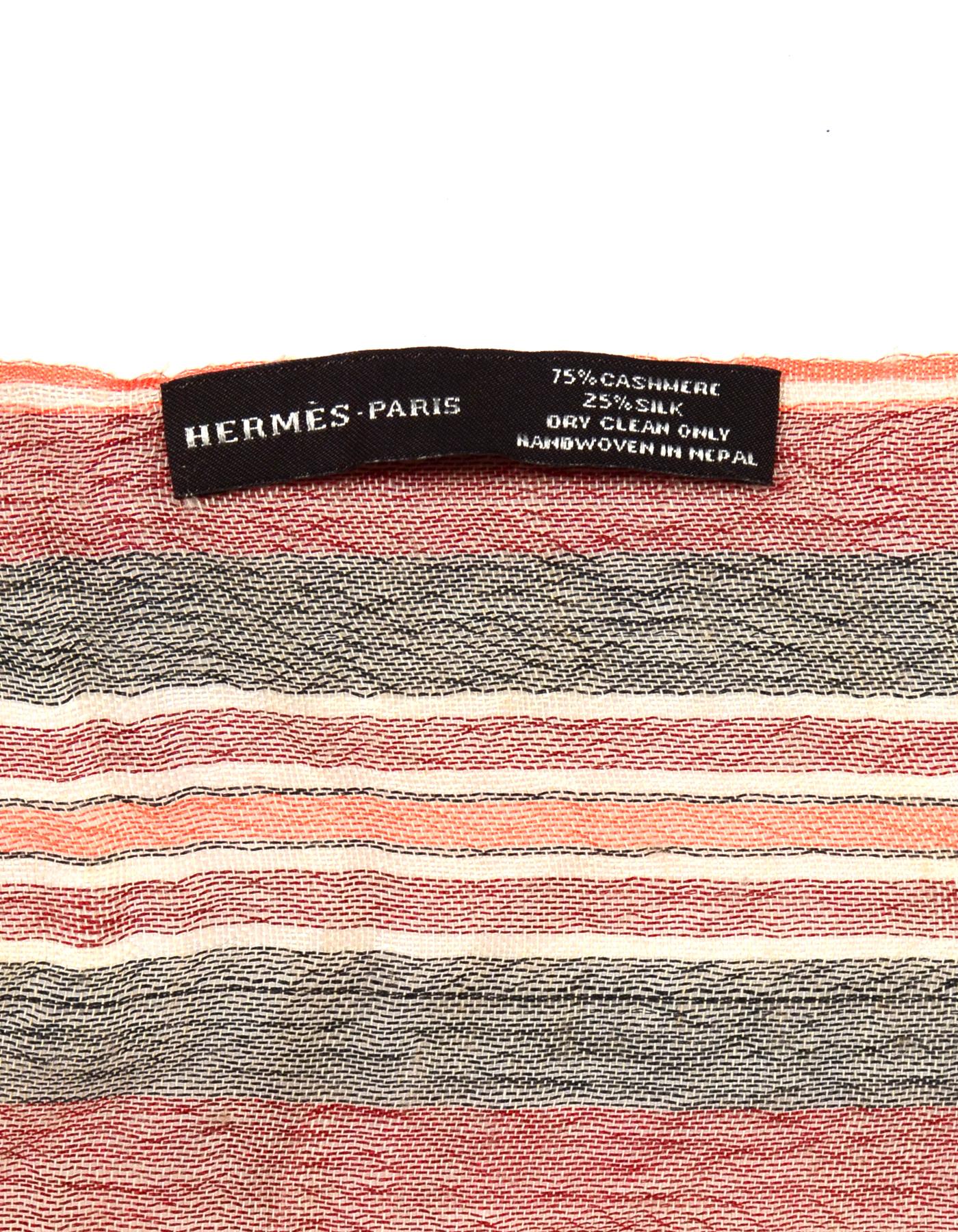 Hermes Oatmeal XL Cashmere/Silk Scarf/Shawl W/ Striped Rust/Black Border In Good Condition In New York, NY