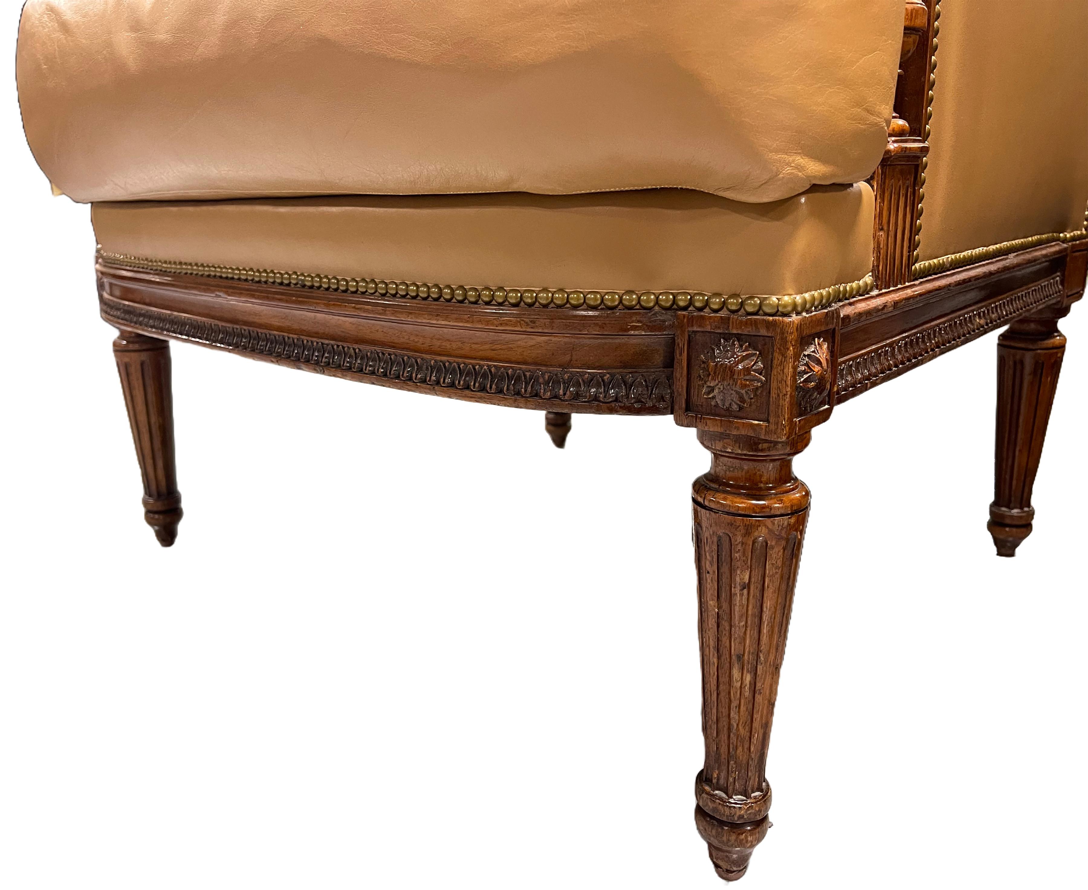 French Hermes Ochre Patinated Leather Period Louis XVI Winged Bergere For Sale