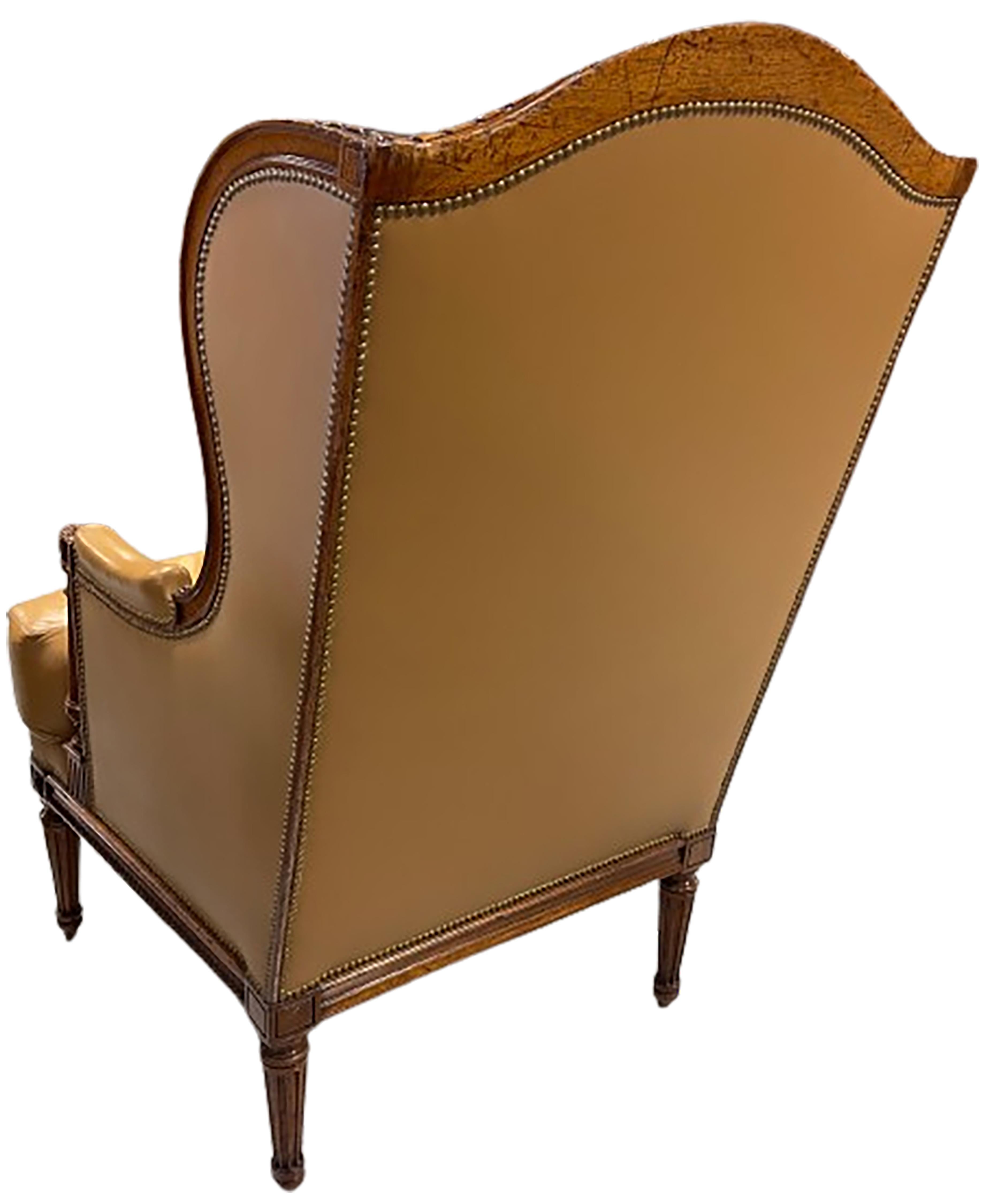 Hermes Ochre Patinated Leather Period Louis XVI Winged Bergere In Good Condition For Sale In Dallas, TX