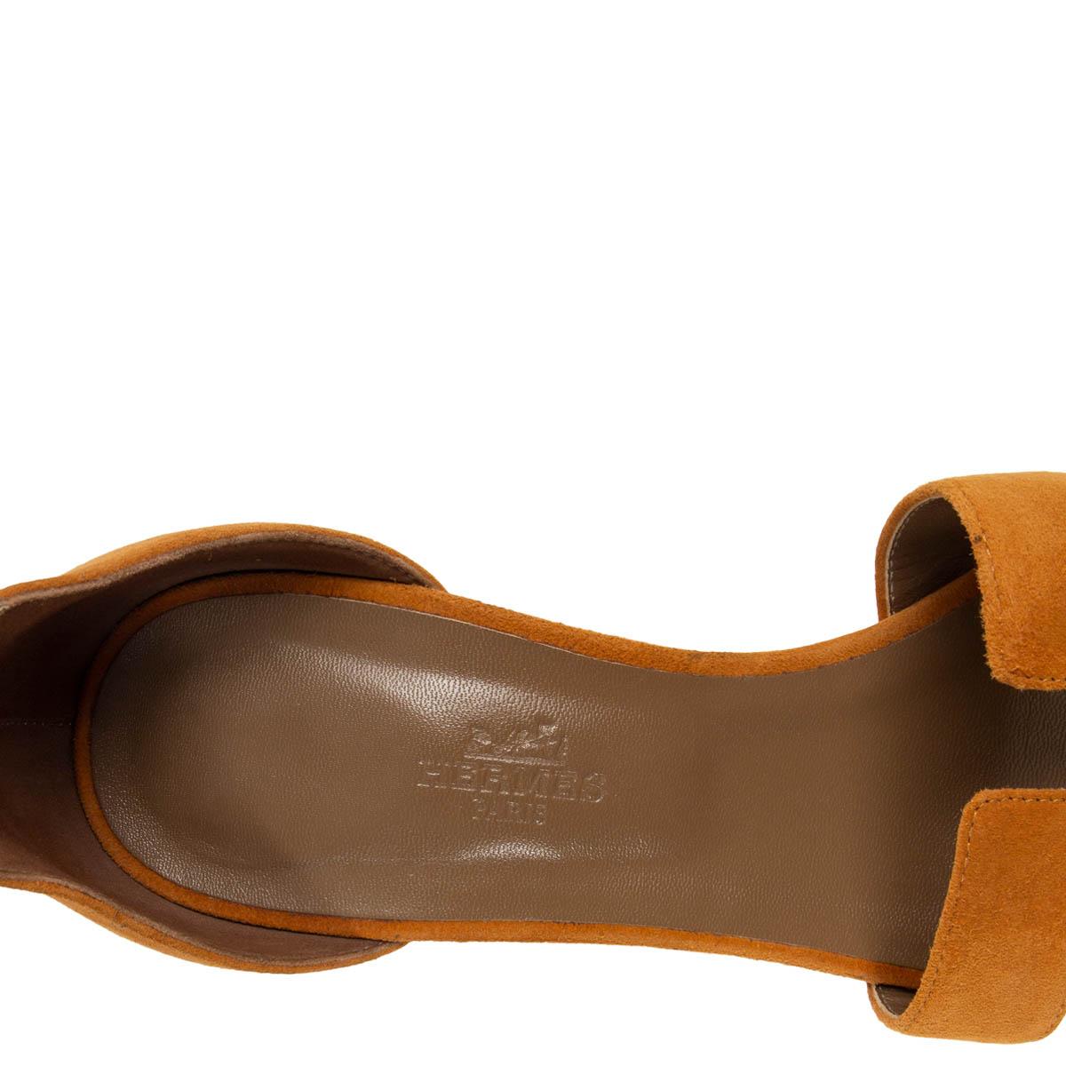 Brown HERMES ochre suede LEGEND ANKLE STRAP WEDGE Sandals Shoes 39