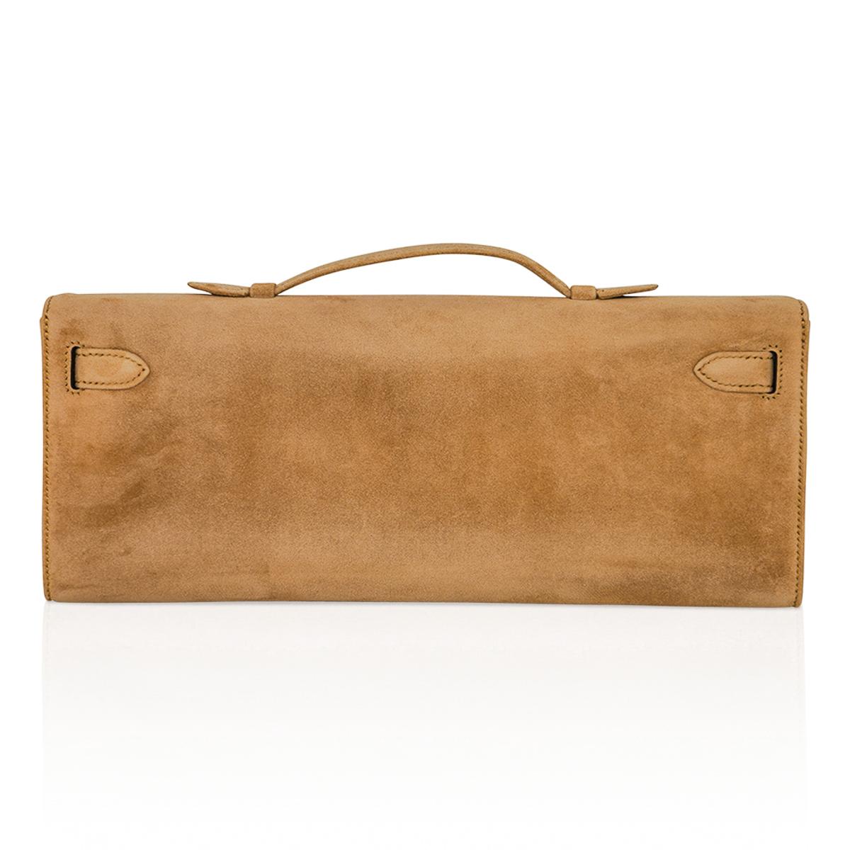 Brown Hermes Ocre Doblis Kelly Cut Clutch Bag Palladium Hardware