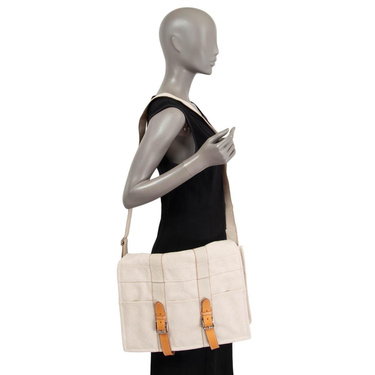 HERMES off-white & beige Toile H & leather DIAPER MESSENGER Bag 1
