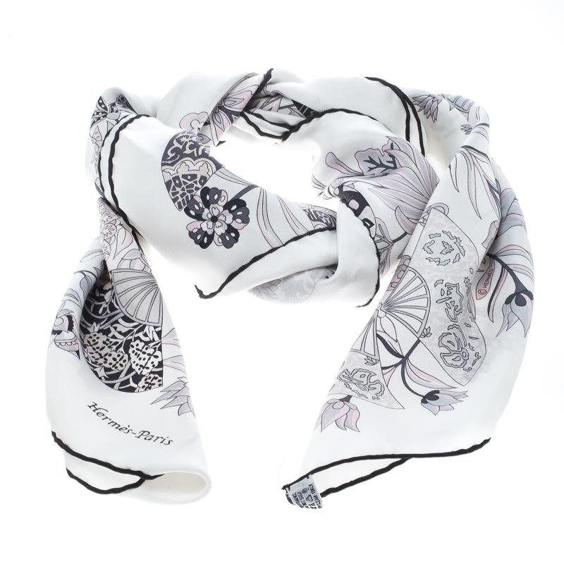 Gray Hermes Off White Fleurs et Papillons De Tissus Printed Silk Square Scarf