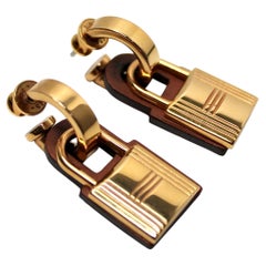 Hermès O'Kelly Gold-Plated Brass & Brown Swift Leather Padlock Earrings