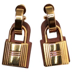 Hermès O'Kelly Gold-Plated Brass & Brown Swift Leather Padlock Earrings