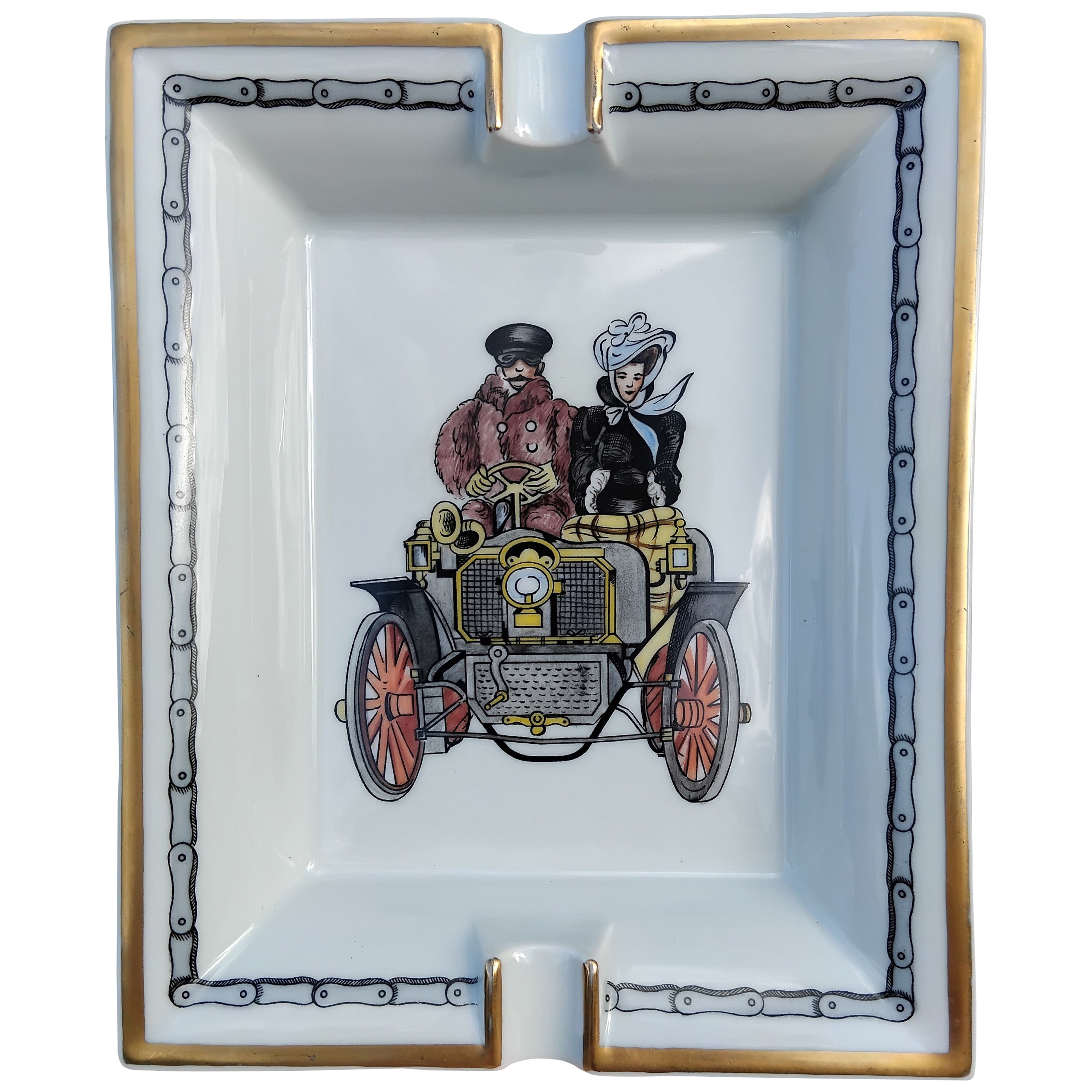 Hermès Vecchia Auto Posacenere Cambiatore Vassoio Porcellana Oro in vendita