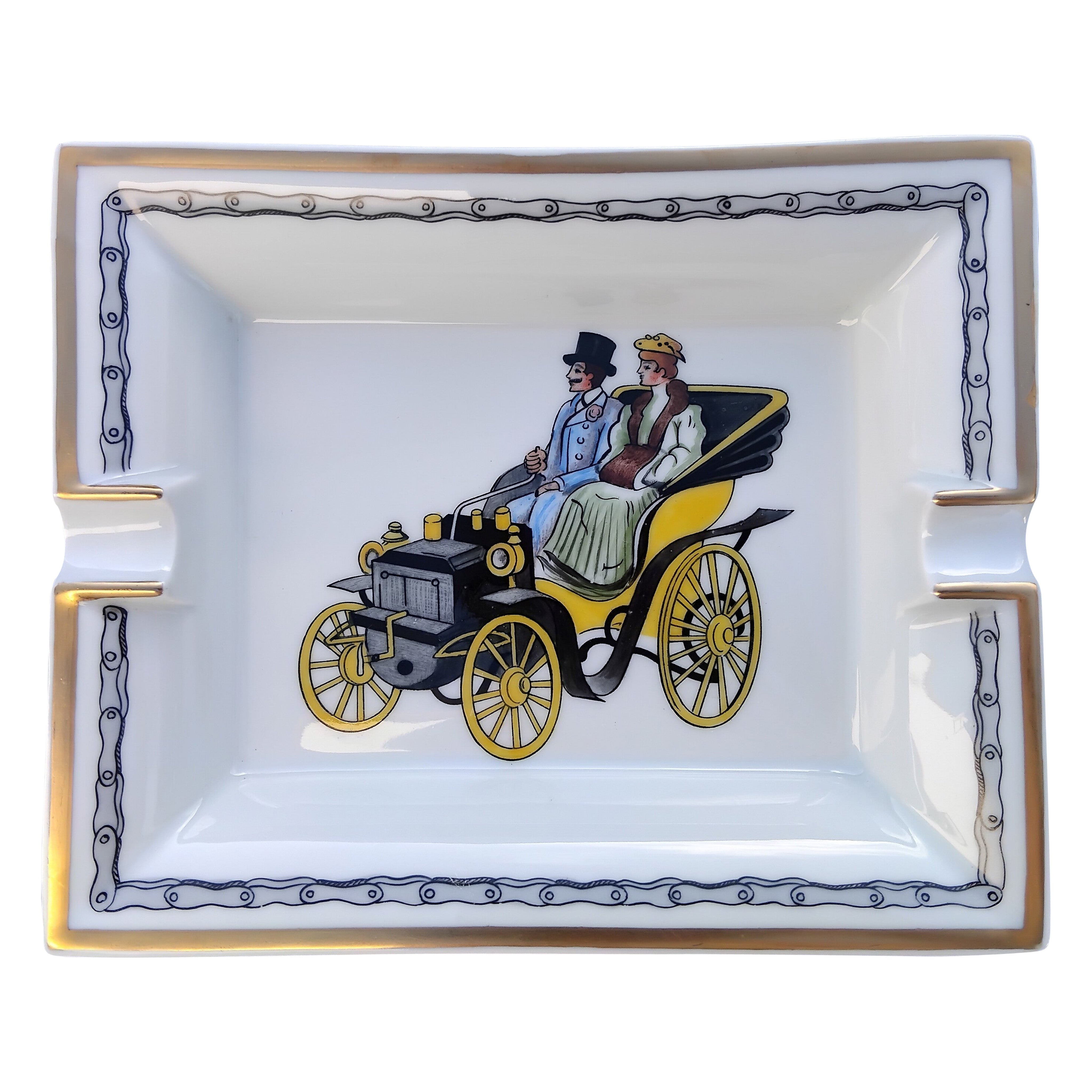 Hermès Old Car Cigar Ashtray Change Tray Porcelain Gold