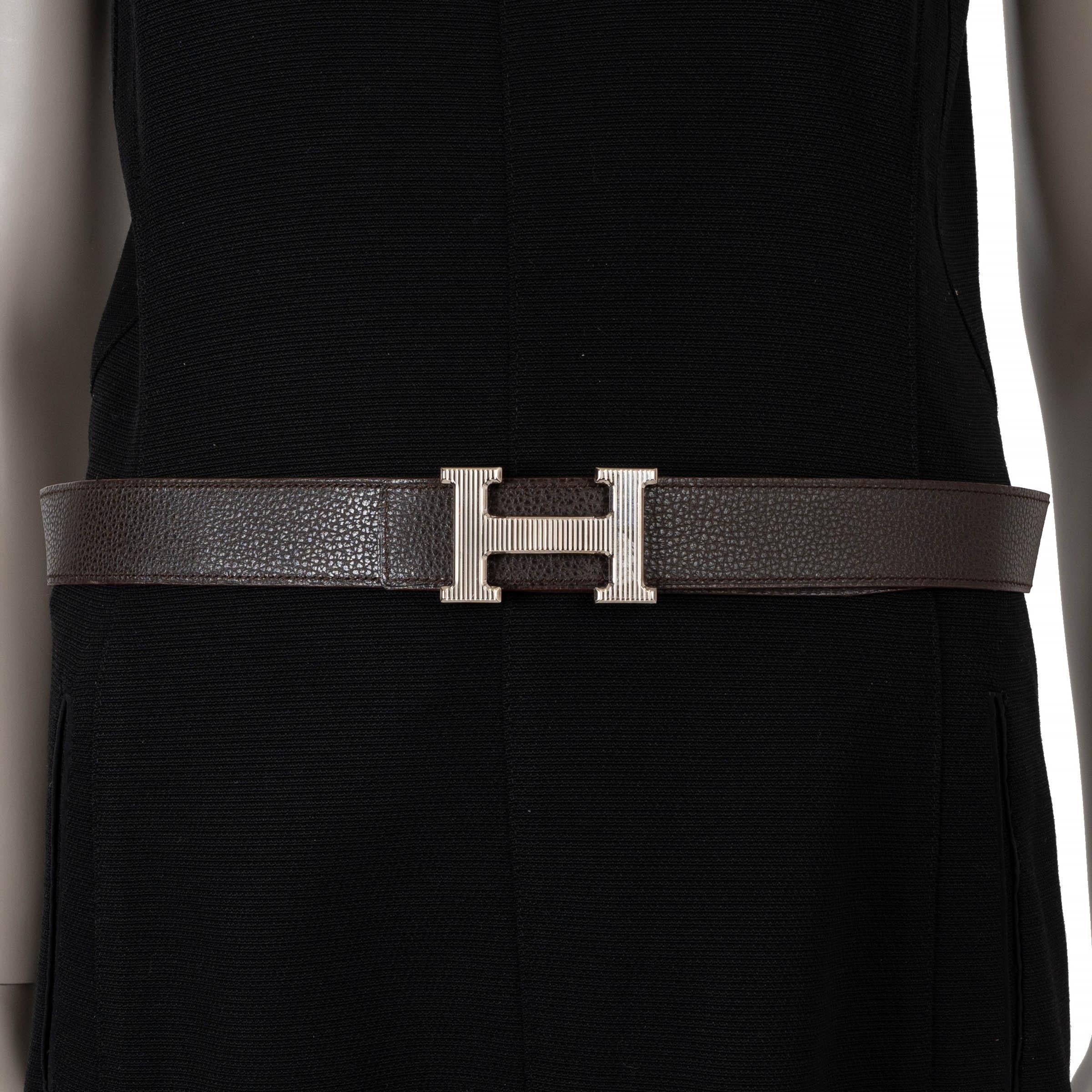 HERMES olive & Ebene suede & leather 32MM REVERSIBLE H STRIEE Buckle Belt 85 For Sale 1