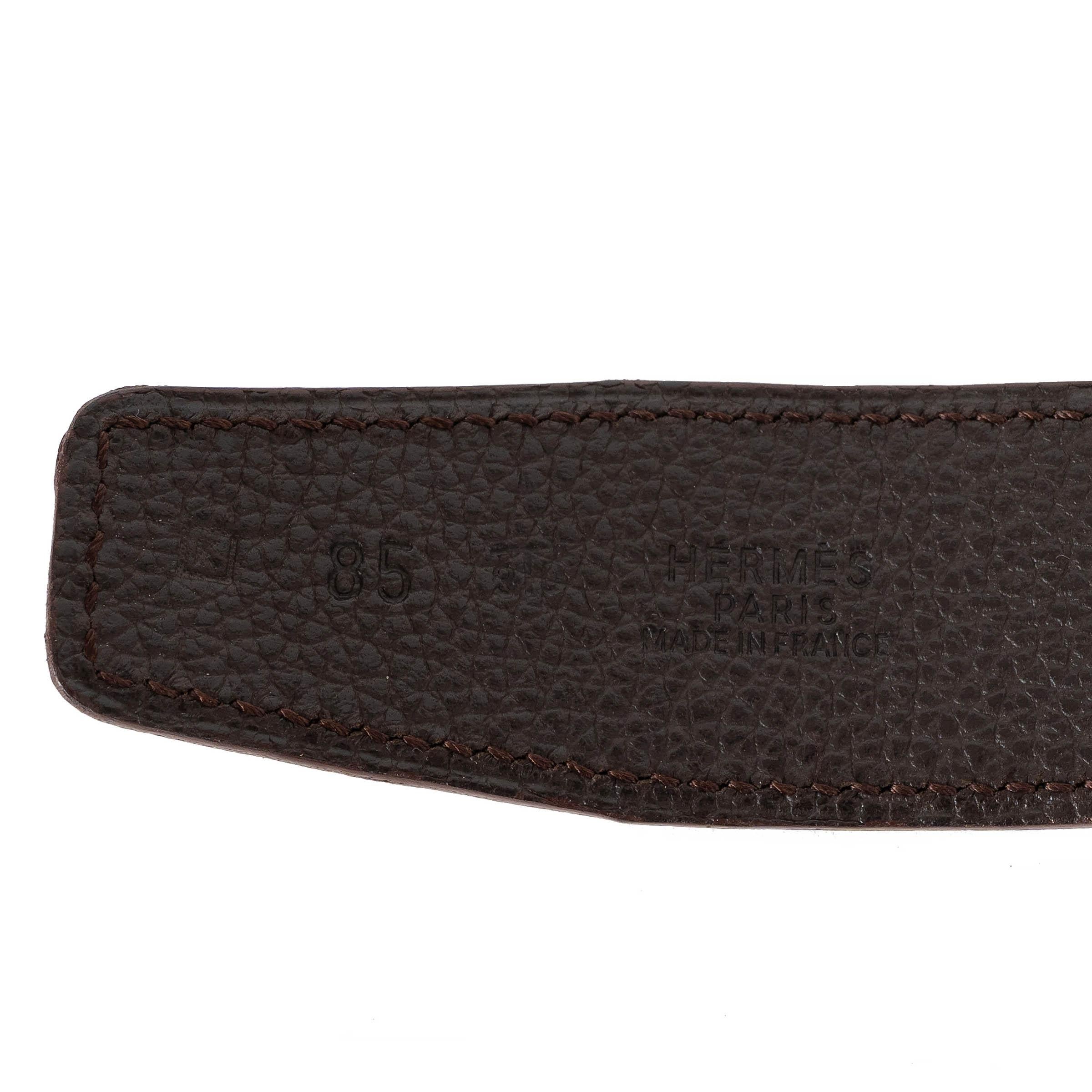 HERMES olive & Ebene suede & leather 32MM REVERSIBLE H STRIEE Buckle Belt 85 For Sale 4