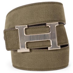 HERMES olive & Ebene suede & leather 32MM REVERSIBLE H STRIEE Buckle Belt 85