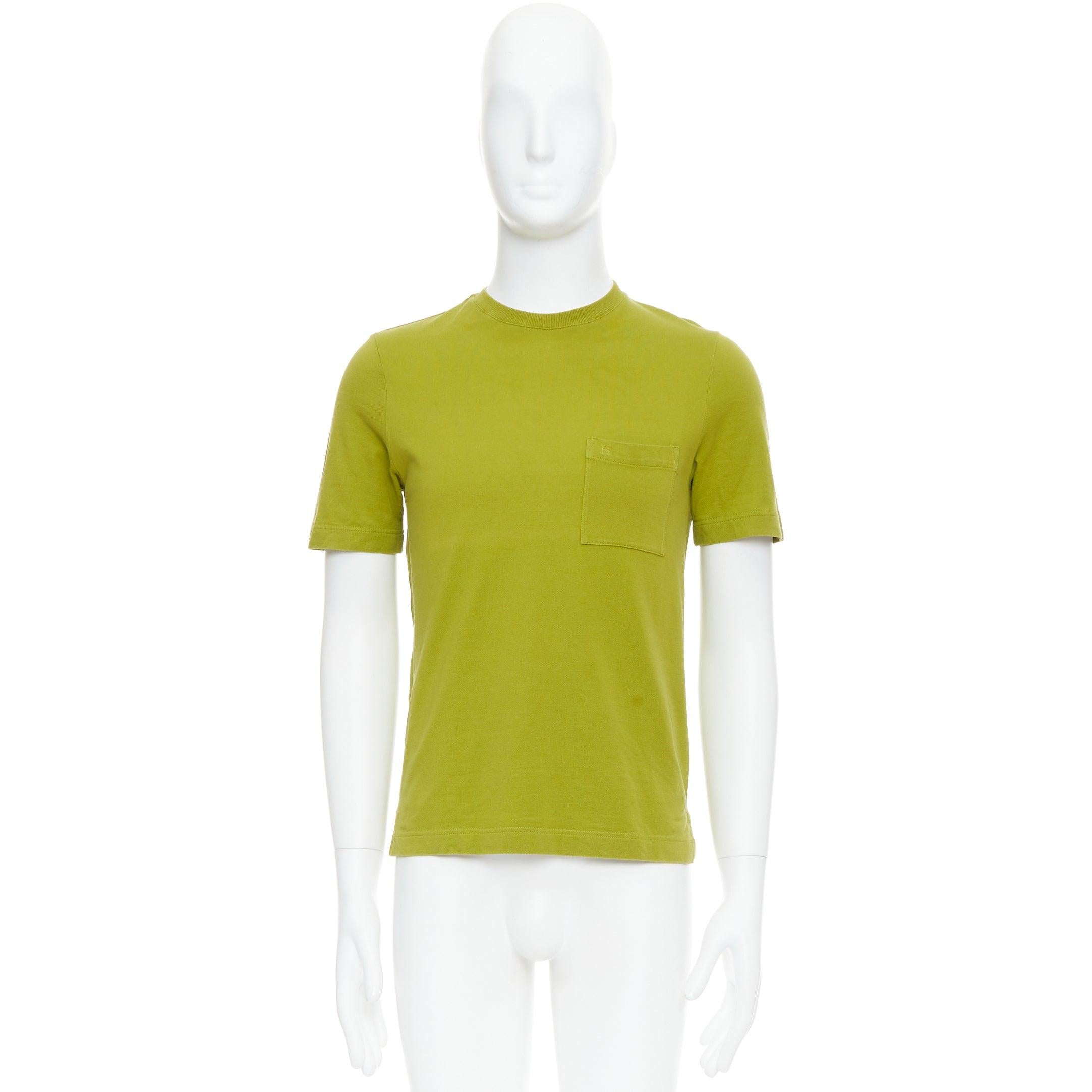 HERMES olive green cotton H logo crew neck pocket t-shirt top XS For Sale 4