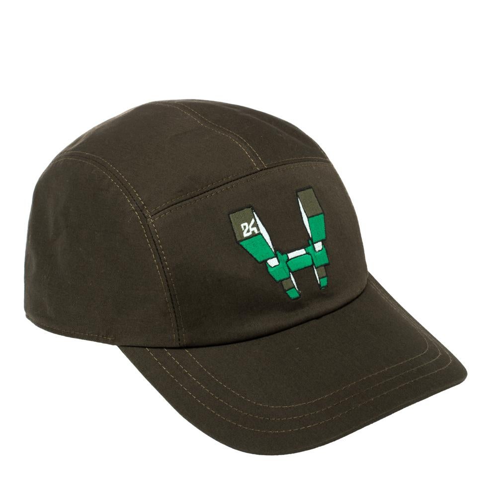 Black Hermes Olive Green H Odyssey Embroidered Cotton Nevada Cap Size 59