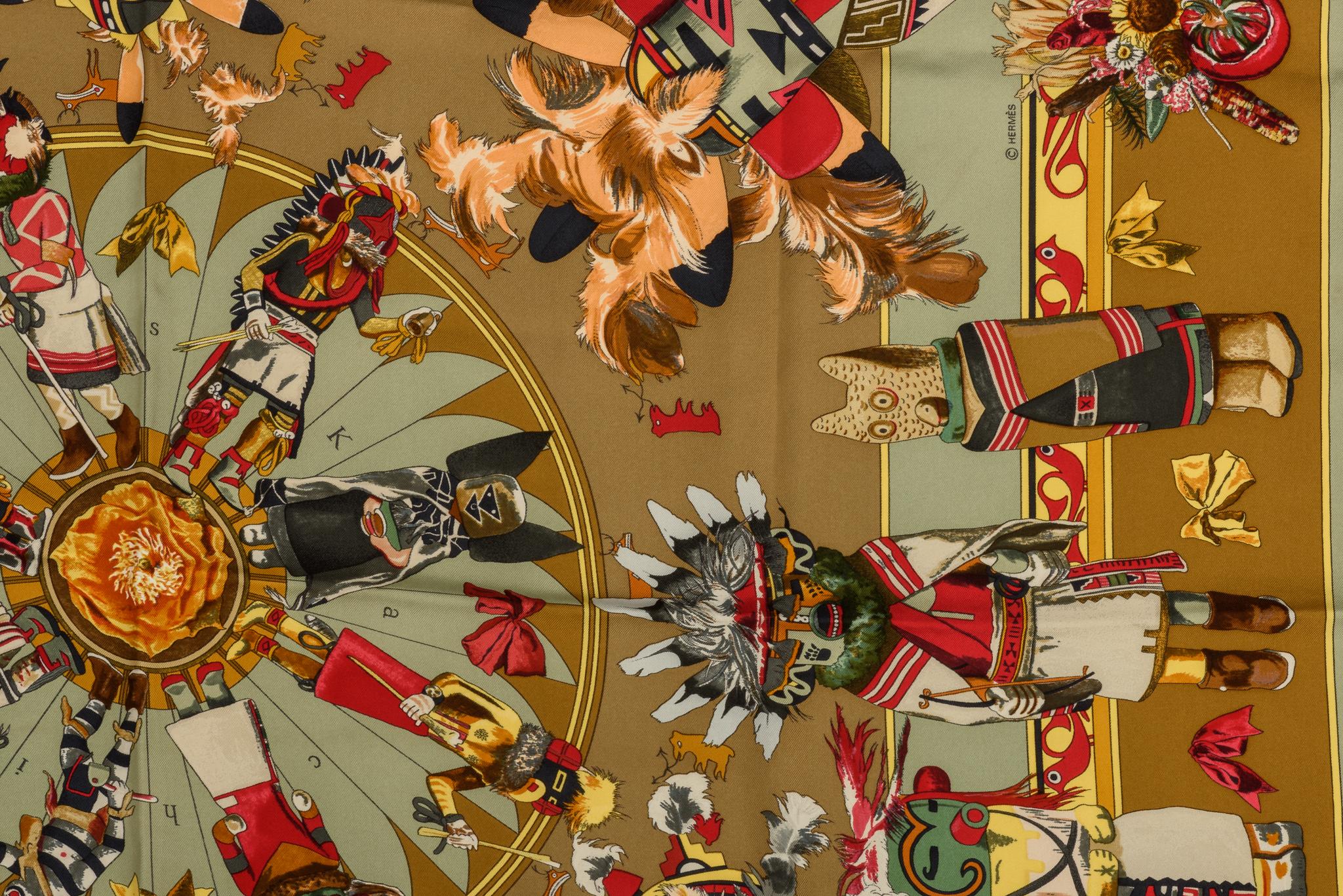 Hermes Olive Green Kachinas Silk Twill 90cm Scarf In Excellent Condition In West Hollywood, CA