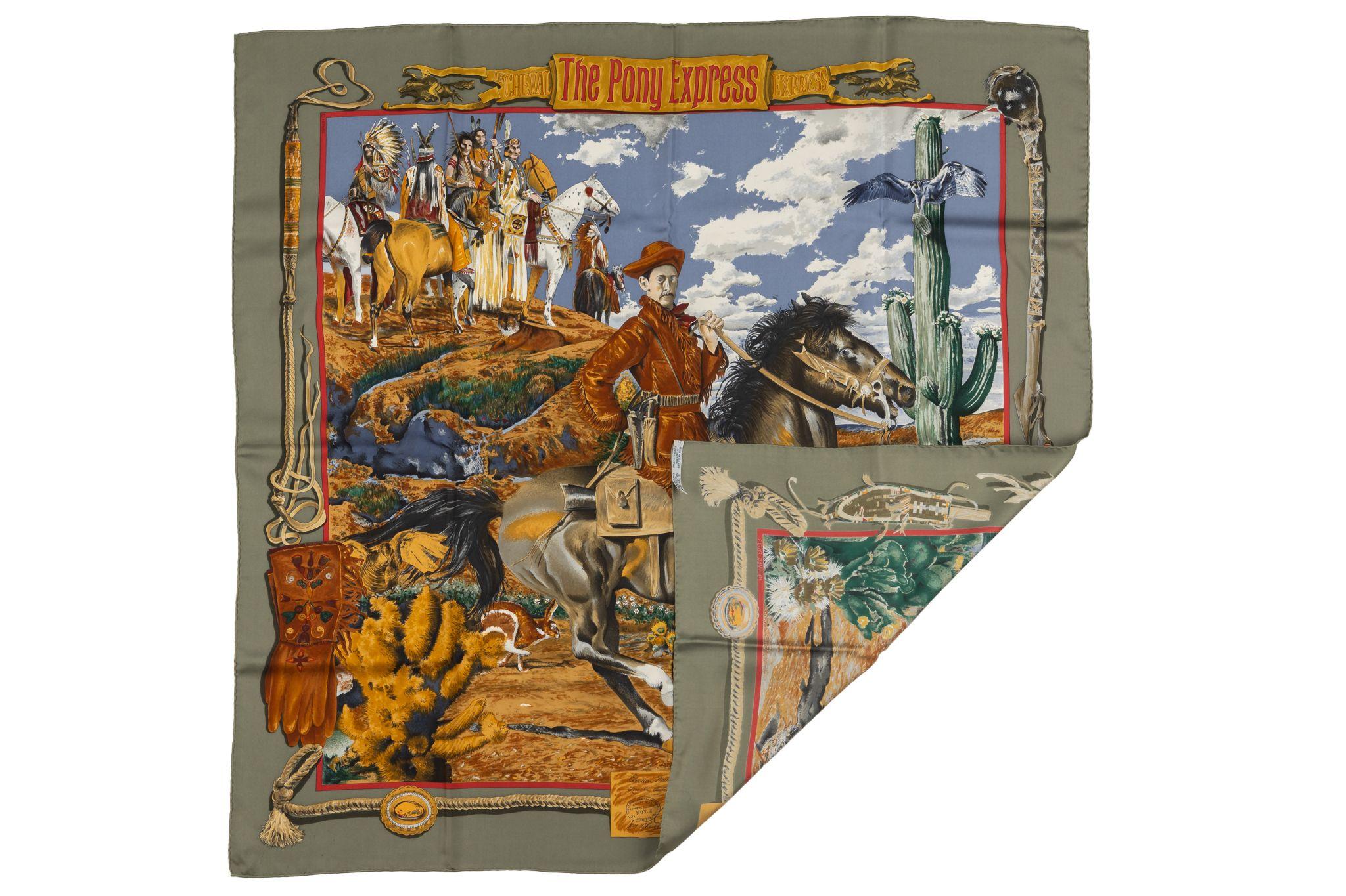 Hermès Pony Express rare olive green silk scarf by famed artist Kermit Oliver. The Pony Express features the postal system between Missouri and California during the mid 1800s. Hand-rolled edges. 
Comes with original box.
