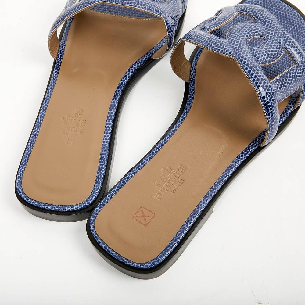 Hermes Omaha Sandal Flat Blue Lizard Chaine d'Ancre 37 In New Condition In Paris, FR