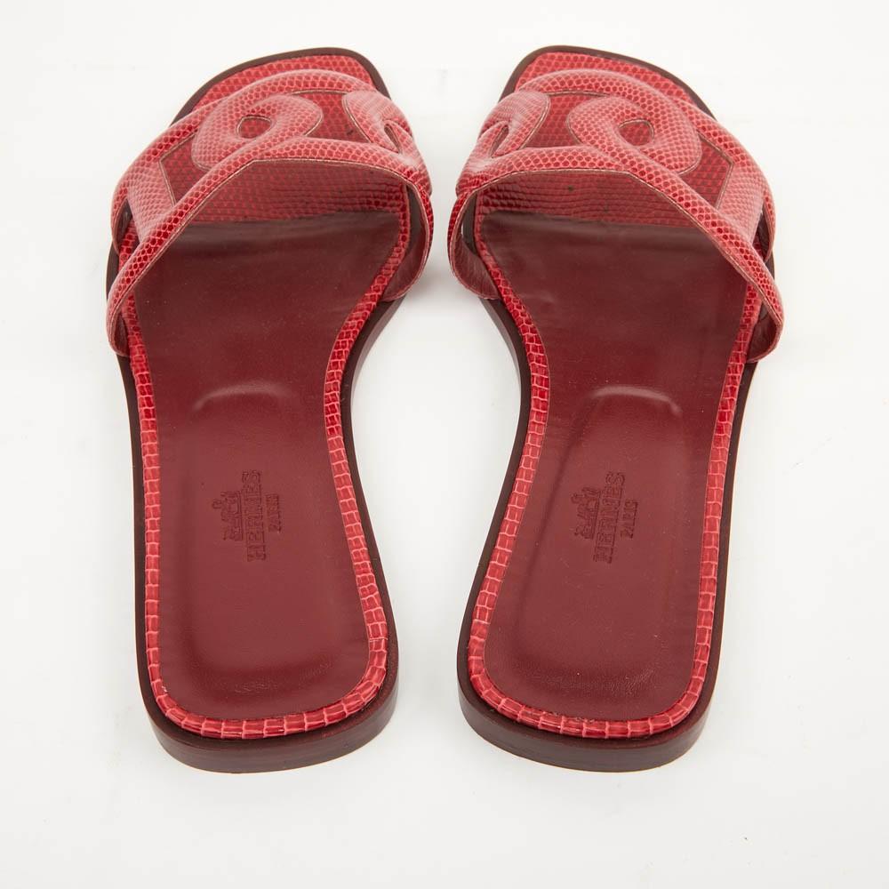 Women's Hermès Omaha Sandales Red Lizard Flat Shoes