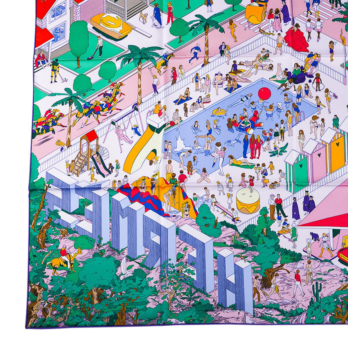 Mightychic offers an Hermes On The Beach scarf in Rose, Vert and Rouge colorway.
In the style of an American comic, this futuristic display of summer holidays by the sea is filled with details.
From horse races, to mermaids, super heroes flying over