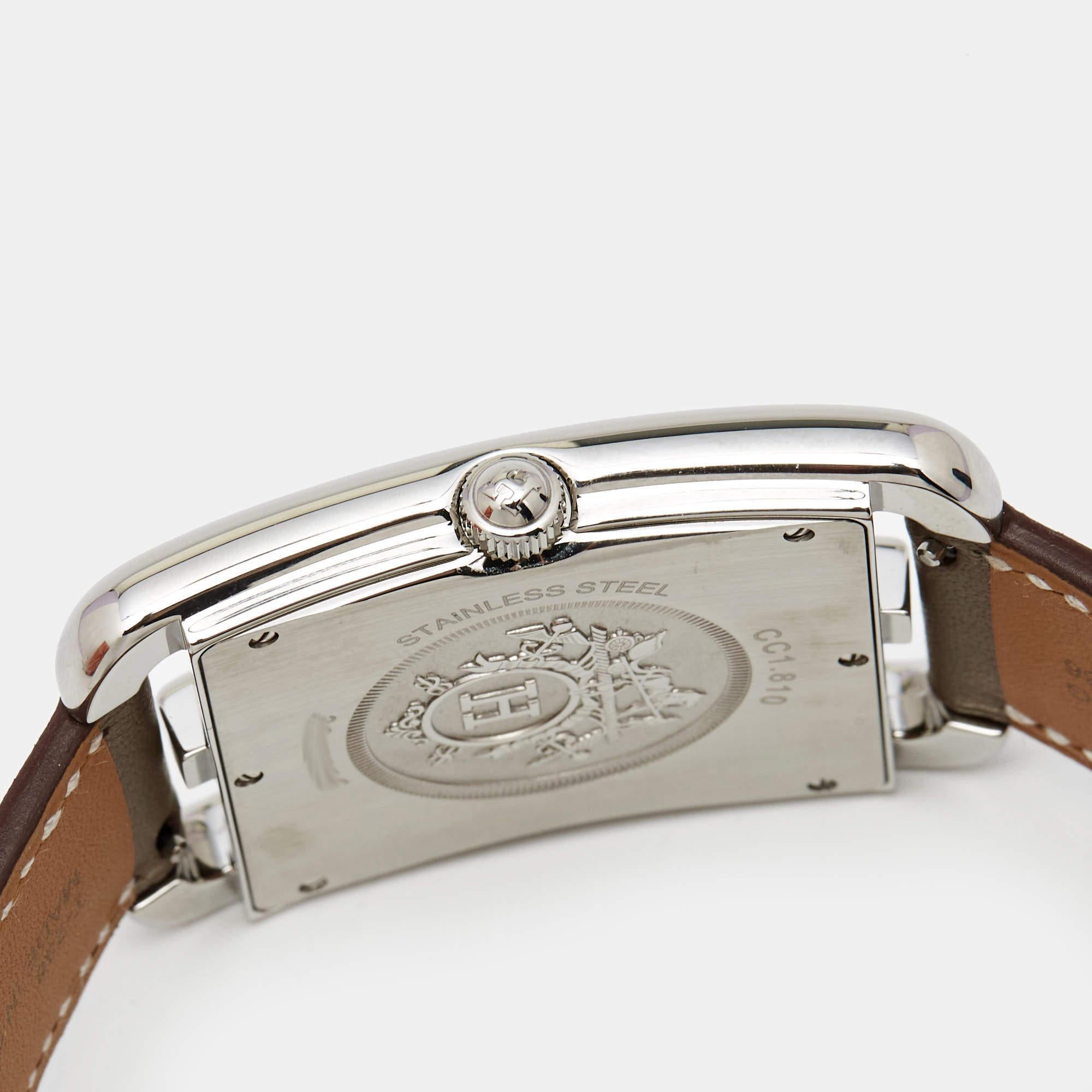 Hermes Opaline Silver Stainless Steel Leather Cape Cod Men's Wristwatch 33 mm In New Condition In Dubai, Al Qouz 2