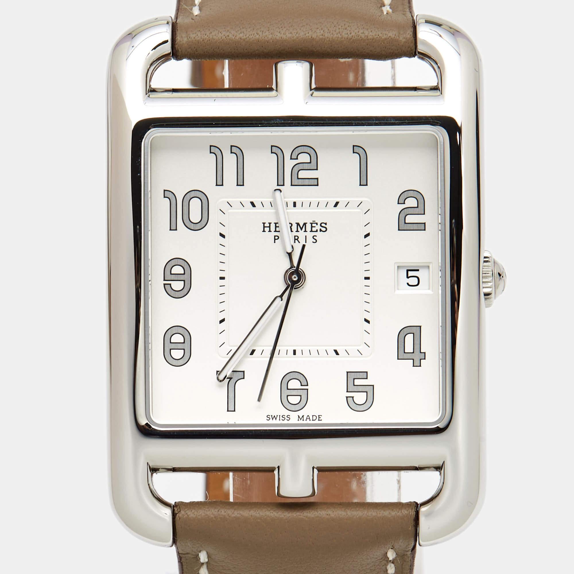 Hermes Opaline Silver Stainless Steel Leather Cape Cod Men's Wristwatch 33 mm 2