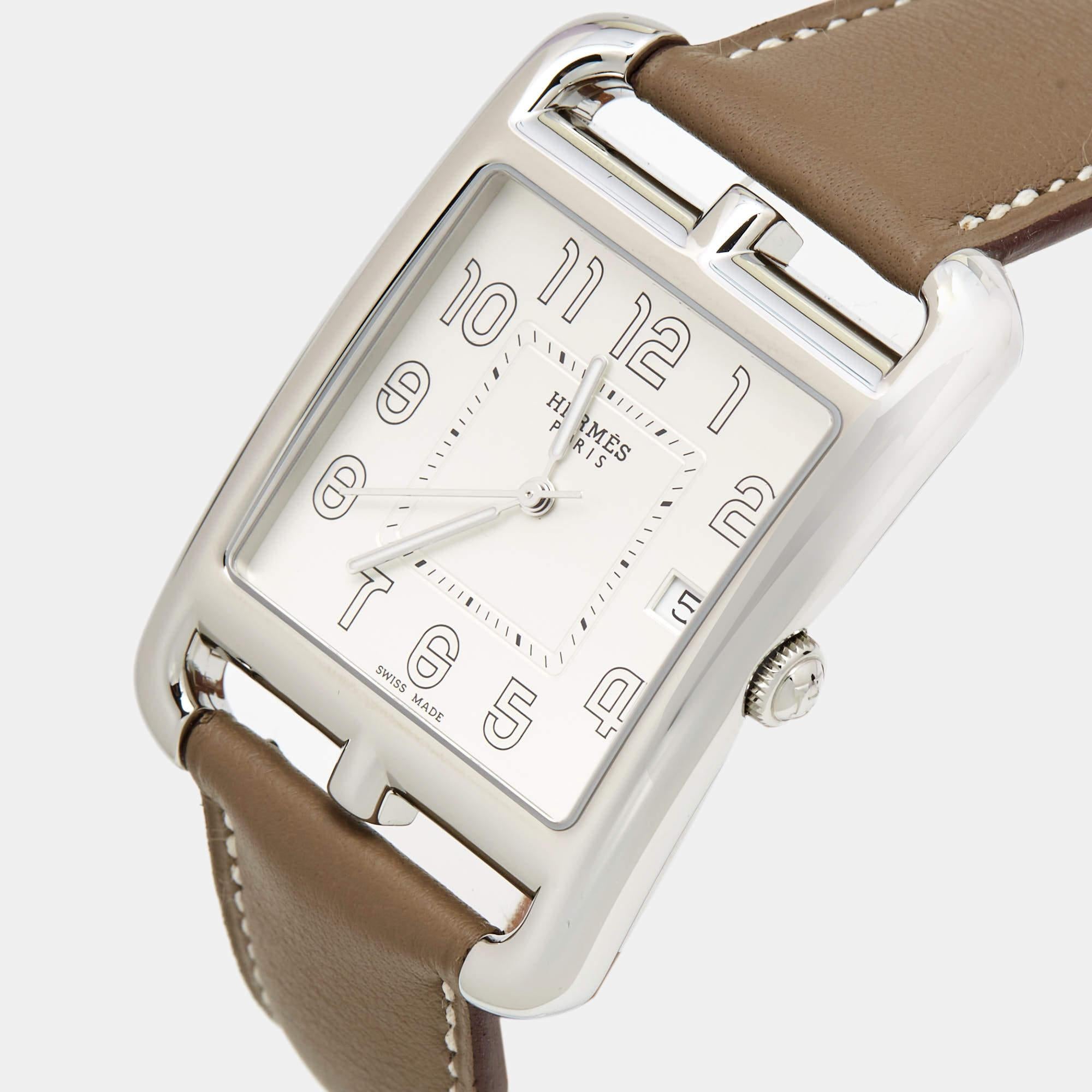 Hermes Opaline Silver Stainless Steel Leather Cape Cod Men's Wristwatch 33 mm 3