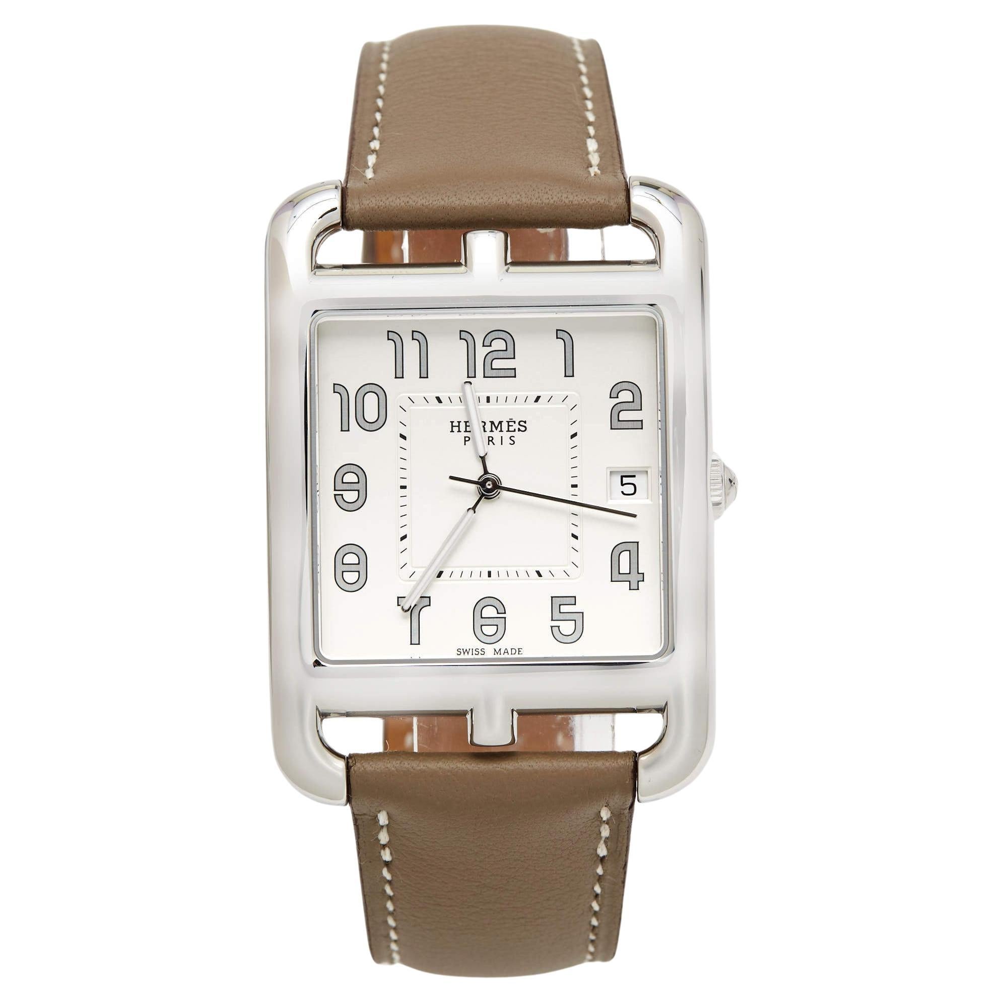 Hermes Opaline Silver Stainless Steel Leather Cape Cod Men's Wristwatch 33 mm