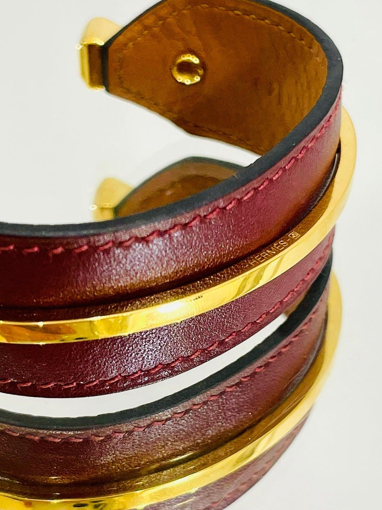 Hermes Open Cuff In Leather & Gold Plate In Excellent Condition For Sale In London, GB
