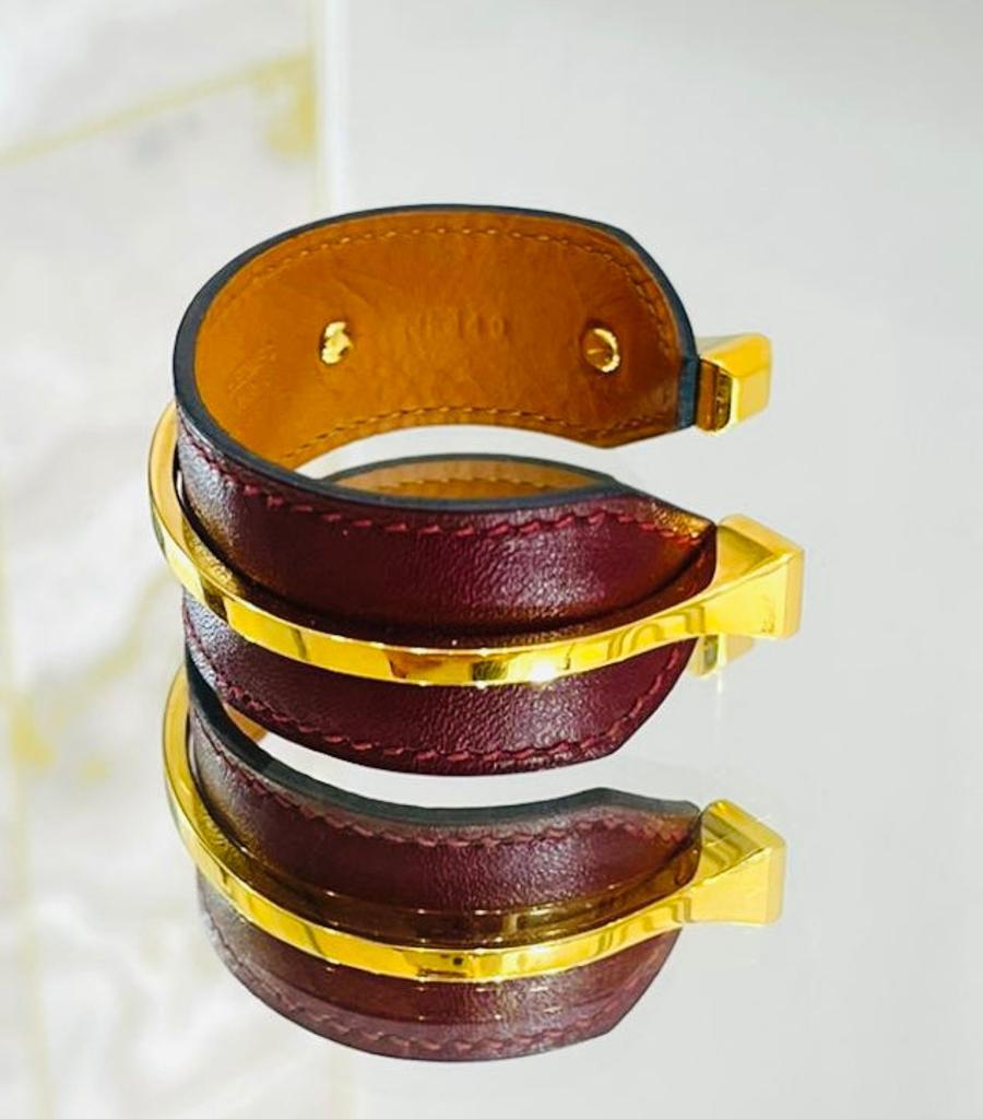 Women's Hermes Open Cuff In Leather & Gold Plate For Sale