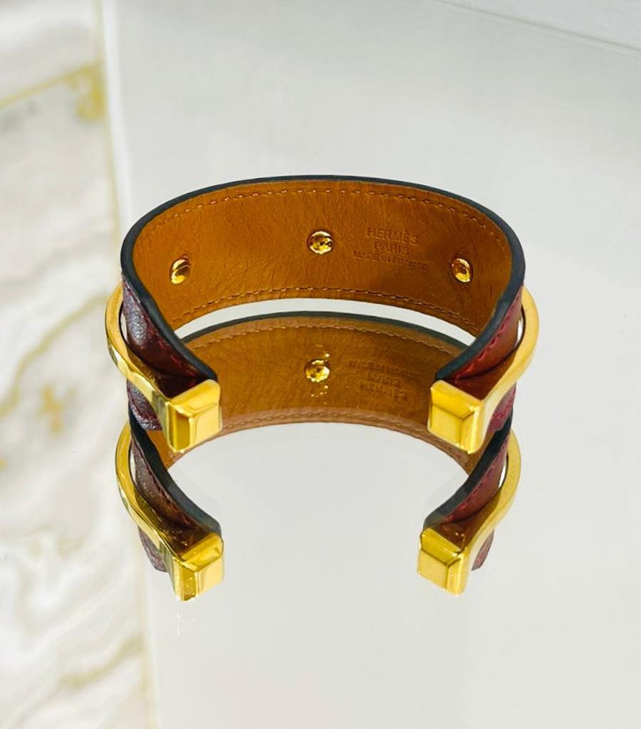 Women's or Men's Hermes Open Cuff In Leather & Gold Plate For Sale