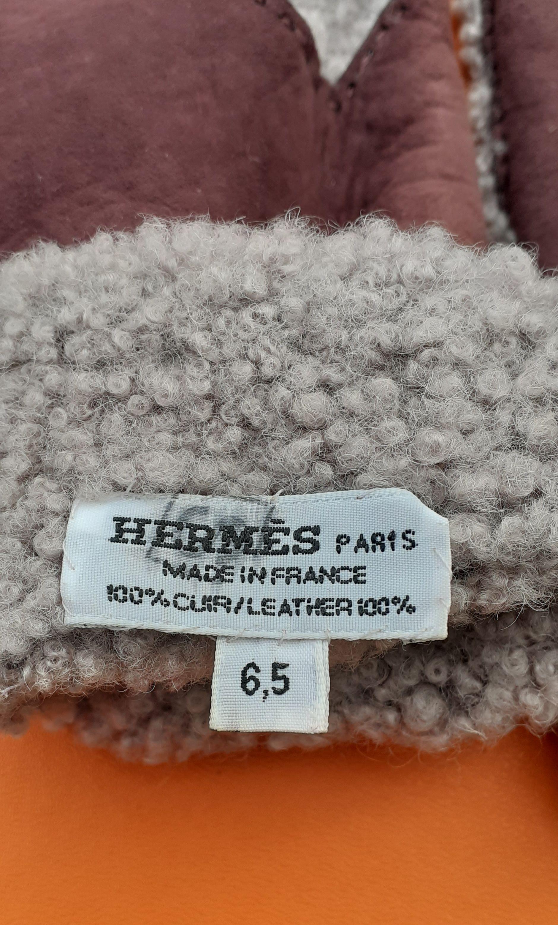 Hermès Open Gloves Mittens Teddy Plush Shearling Leather Wool Purple Size 6.5 For Sale 4