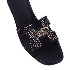 Hermes Oran Black Doblis (Suede) Rhinestone Flat Sandal 38.5 / 8.5