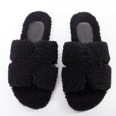 HERMES Oran black shearling H cut out flat block sandals EU41.5