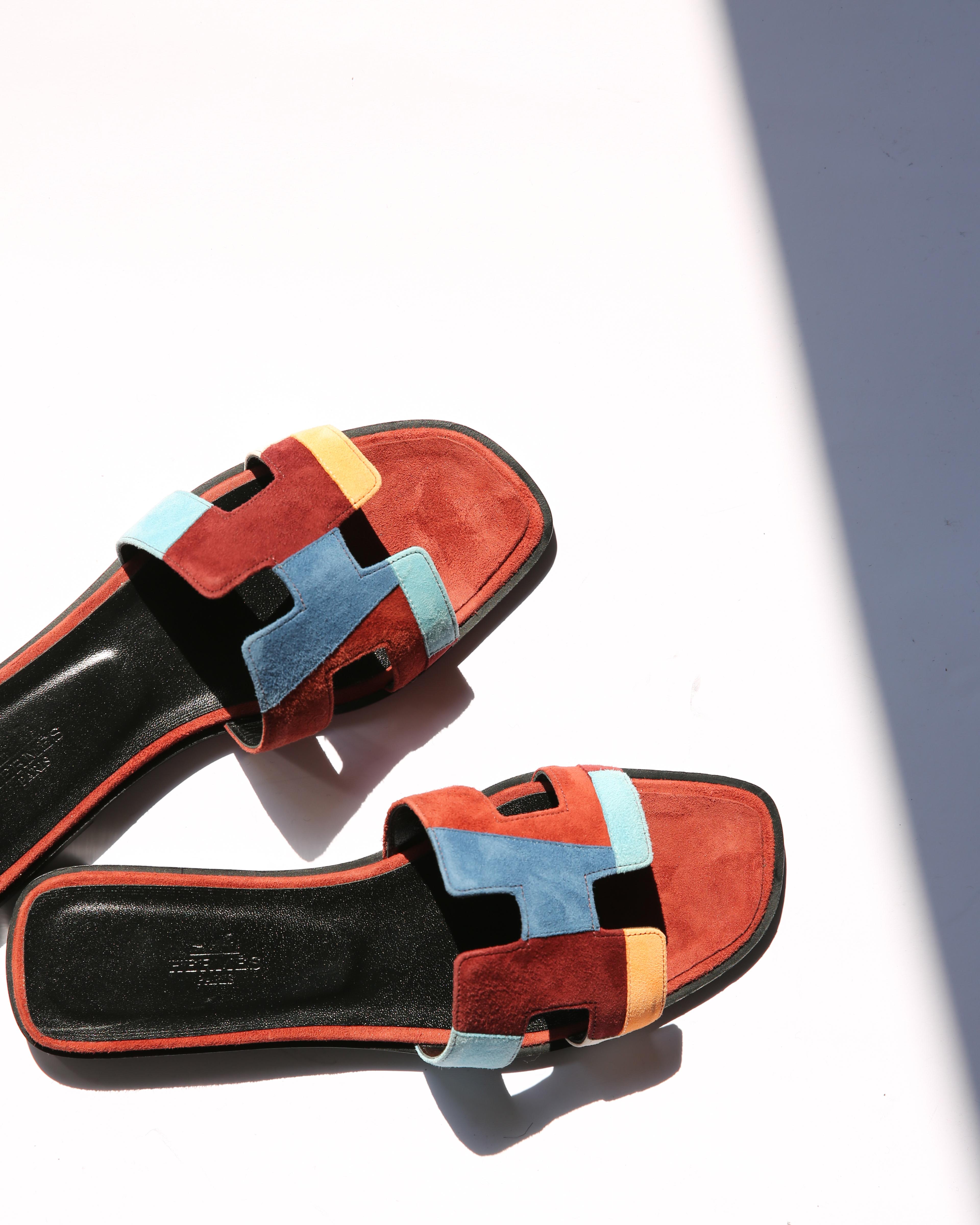 Gray Hermes Oran burgundy blue peach grey suede Limited edition print sandals 39