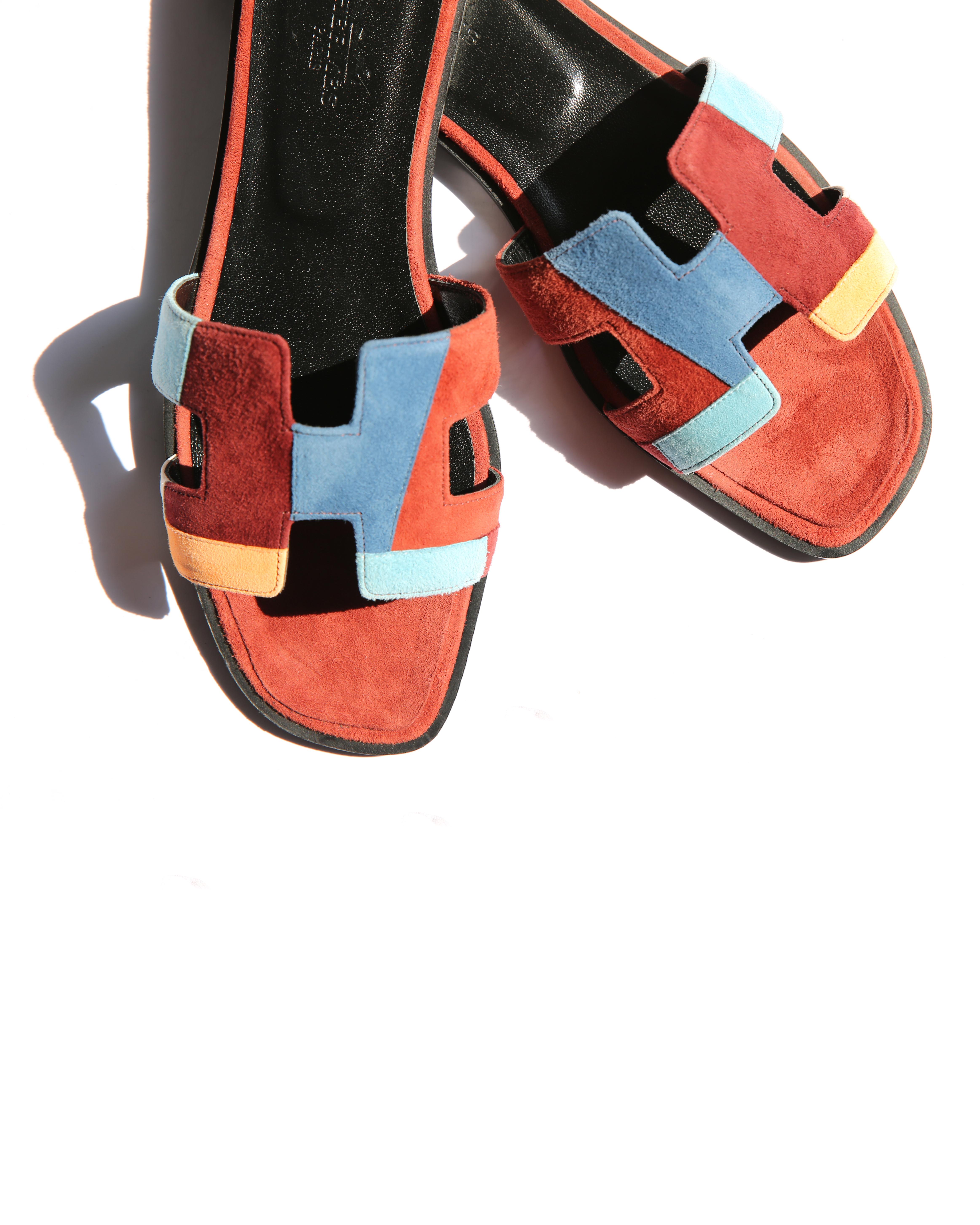 Women's Hermes Oran burgundy blue peach grey suede Limited edition print sandals 39