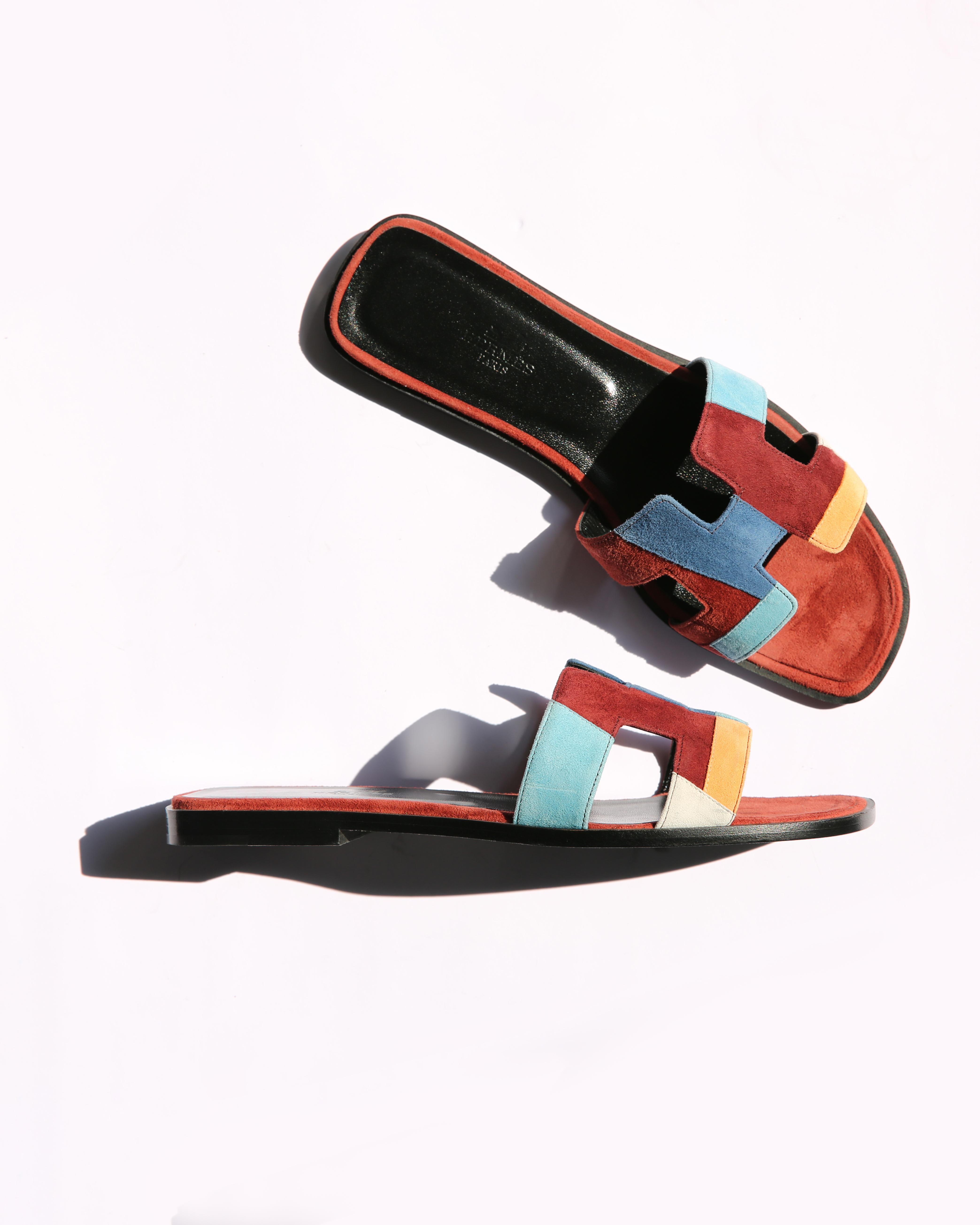 Hermes Oran burgundy blue peach grey suede Limited edition print sandals 39 1
