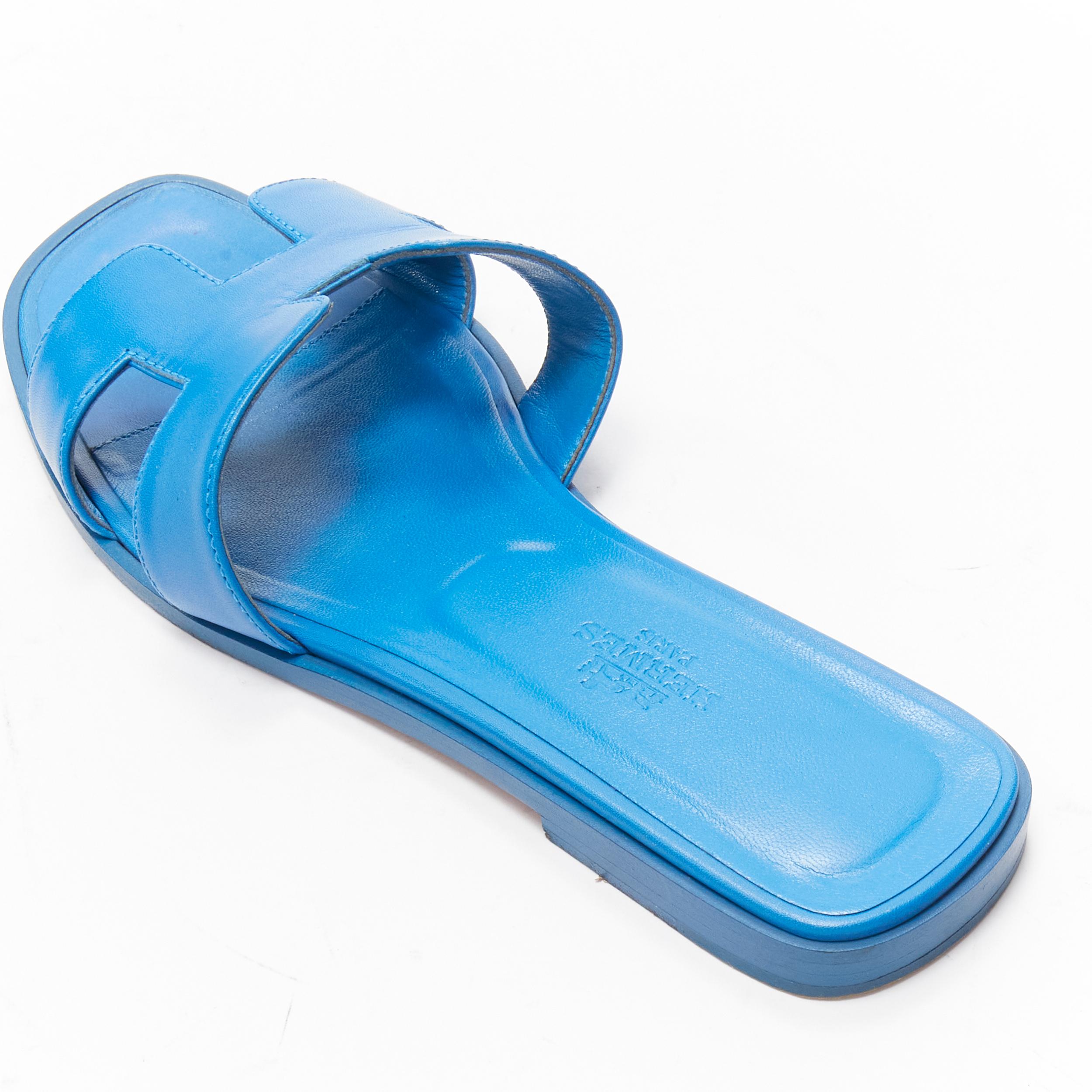 HERMES Oran cobalt blue smooth leather H flat sandals EU37.5 For Sale 7