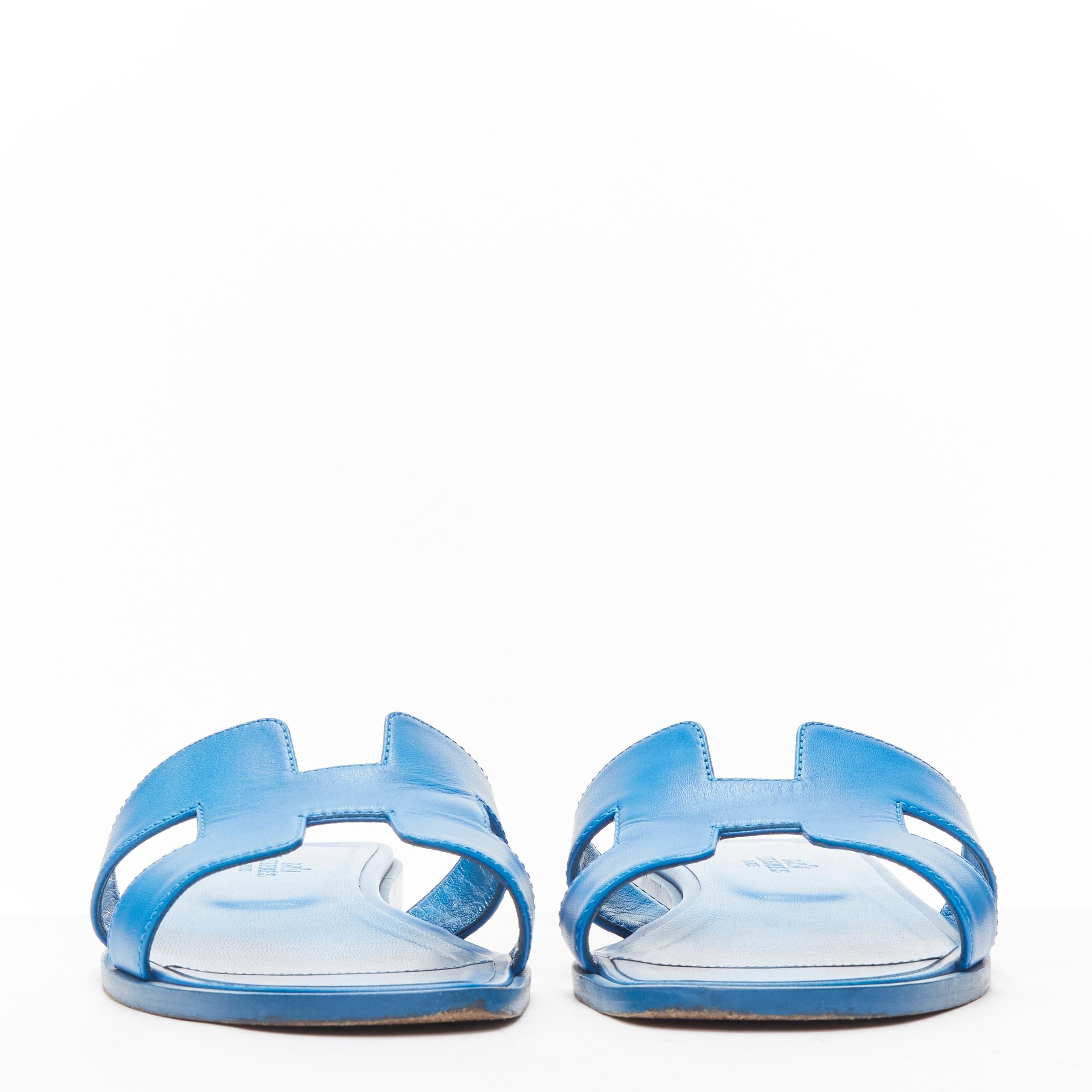 HERMES Oran kobaltblau Glattleder H flache Sandalen EU37.5 im Zustand „Gut“ in Hong Kong, NT