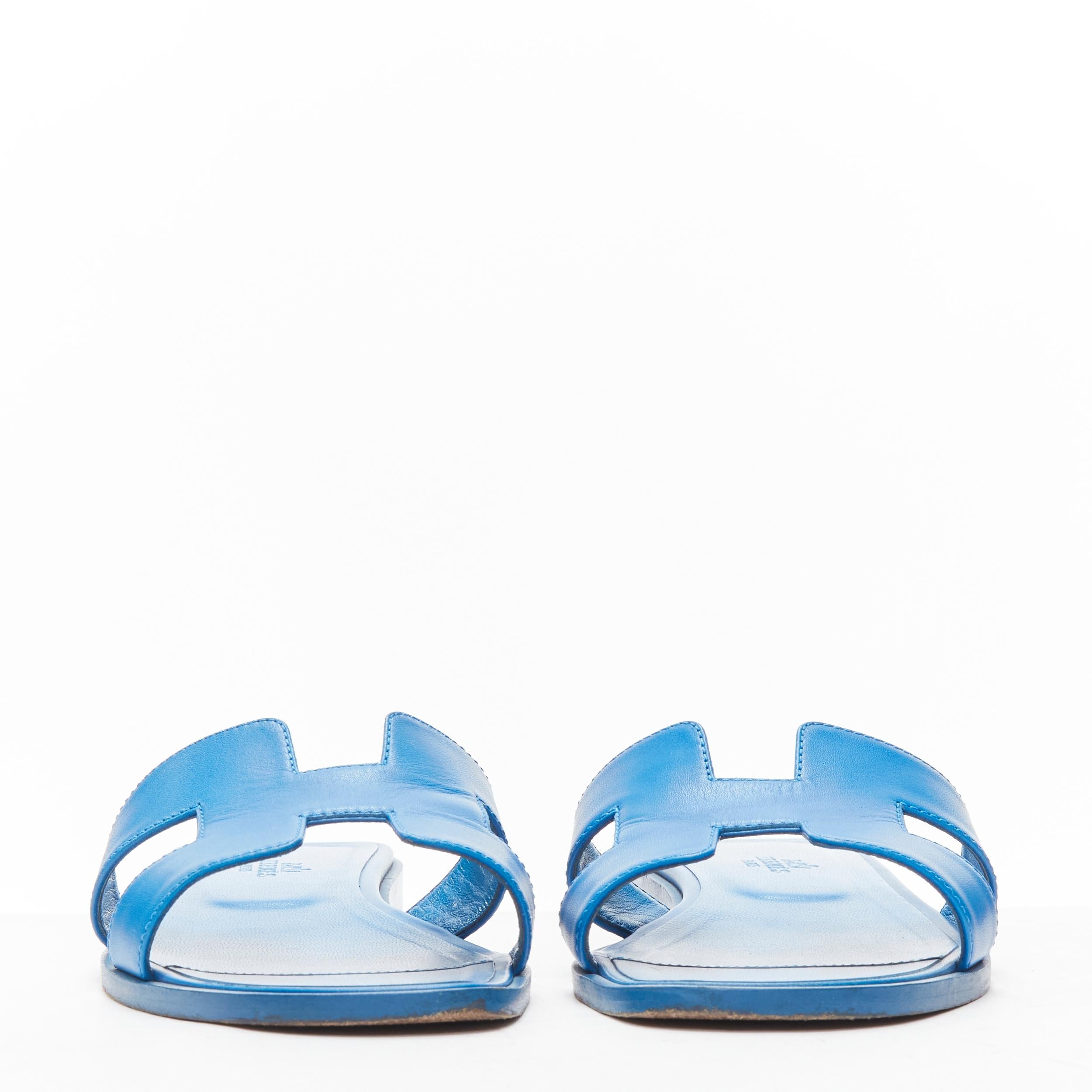 Women's HERMES Oran cobalt blue smooth leather H flat sandals EU37.5 For Sale
