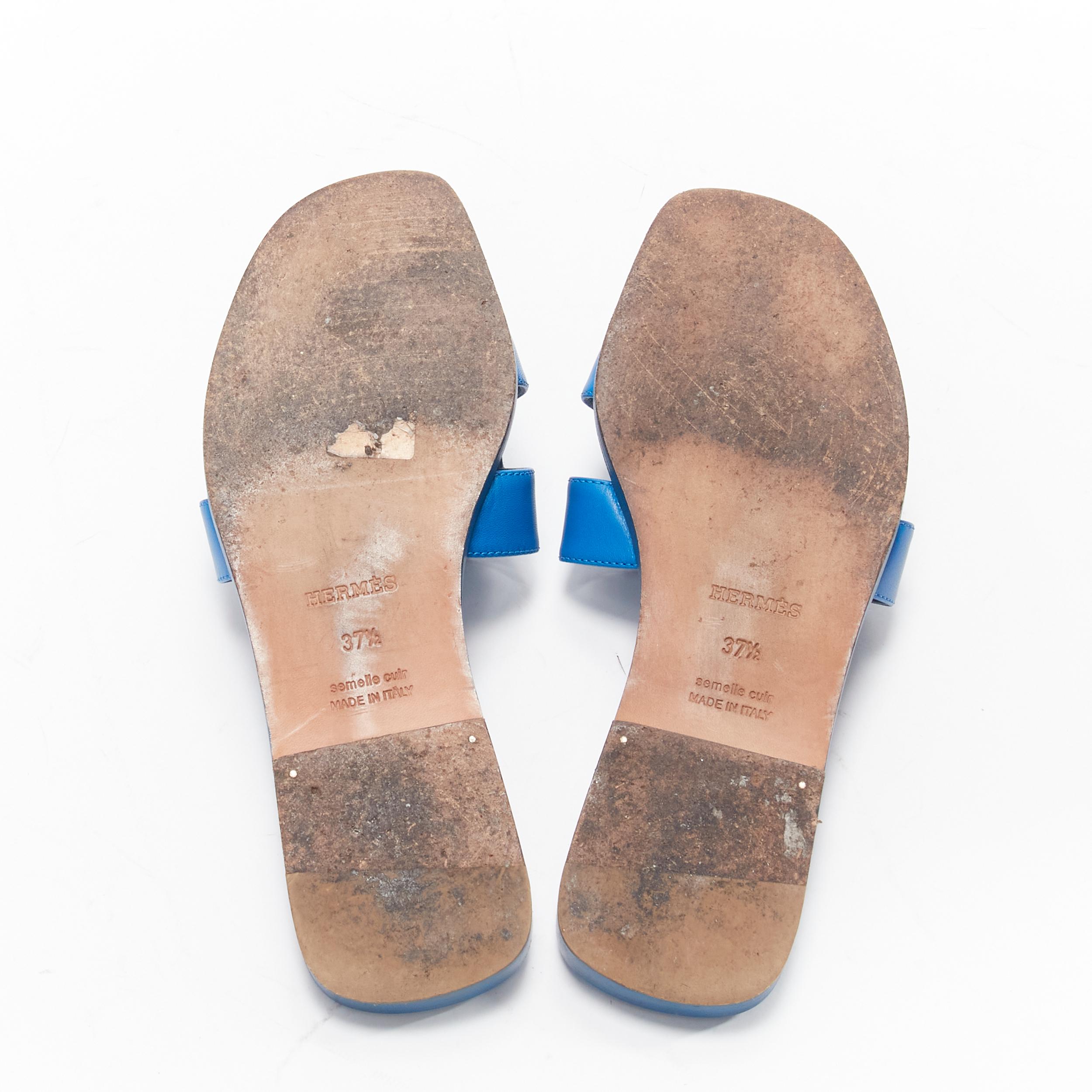 HERMES Oran kobaltblau Glattleder H flache Sandalen EU37.5 1