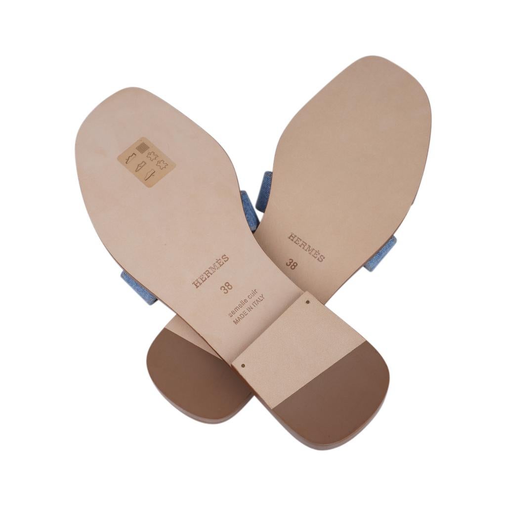 Women's Hermes Oran Denim Sandal Limited Edition Flat Shoes 38 / 8 New w/Box