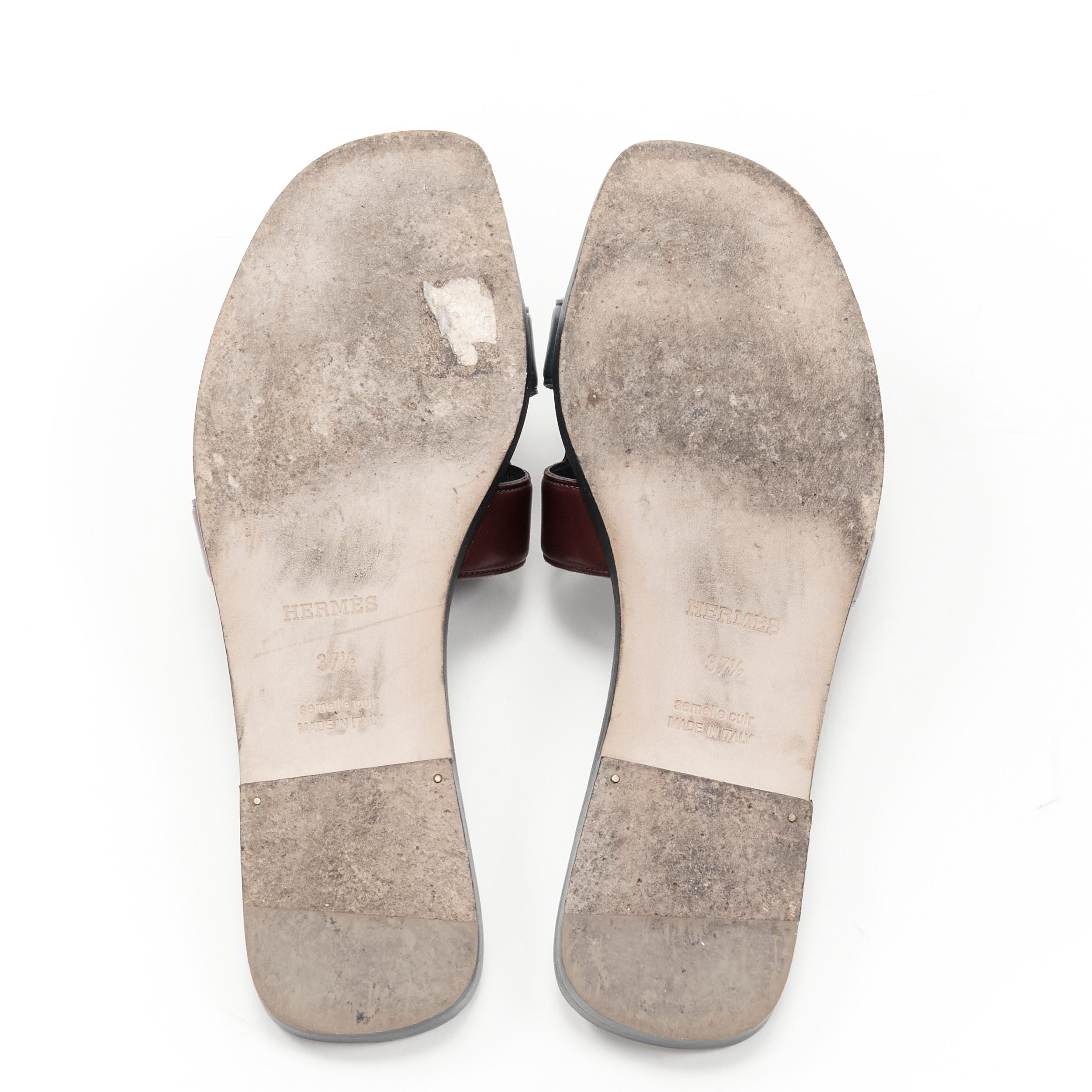 HERMES Oran dual tone burgundy navy leather H flat sandals EU37.5 2