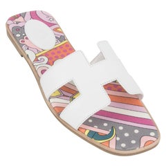 Hermes Oran Flat Sandal White Silk Print Lining Shoes 39.5 / 9.5 New w/Box