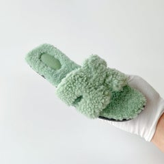Hermes Oran Fur Woolskin Sandals In Light Green (Vert) Size 38.5