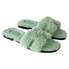 Hermes Oran Fur Woolskin Sandals In Light Green (Vert) Size 38.5