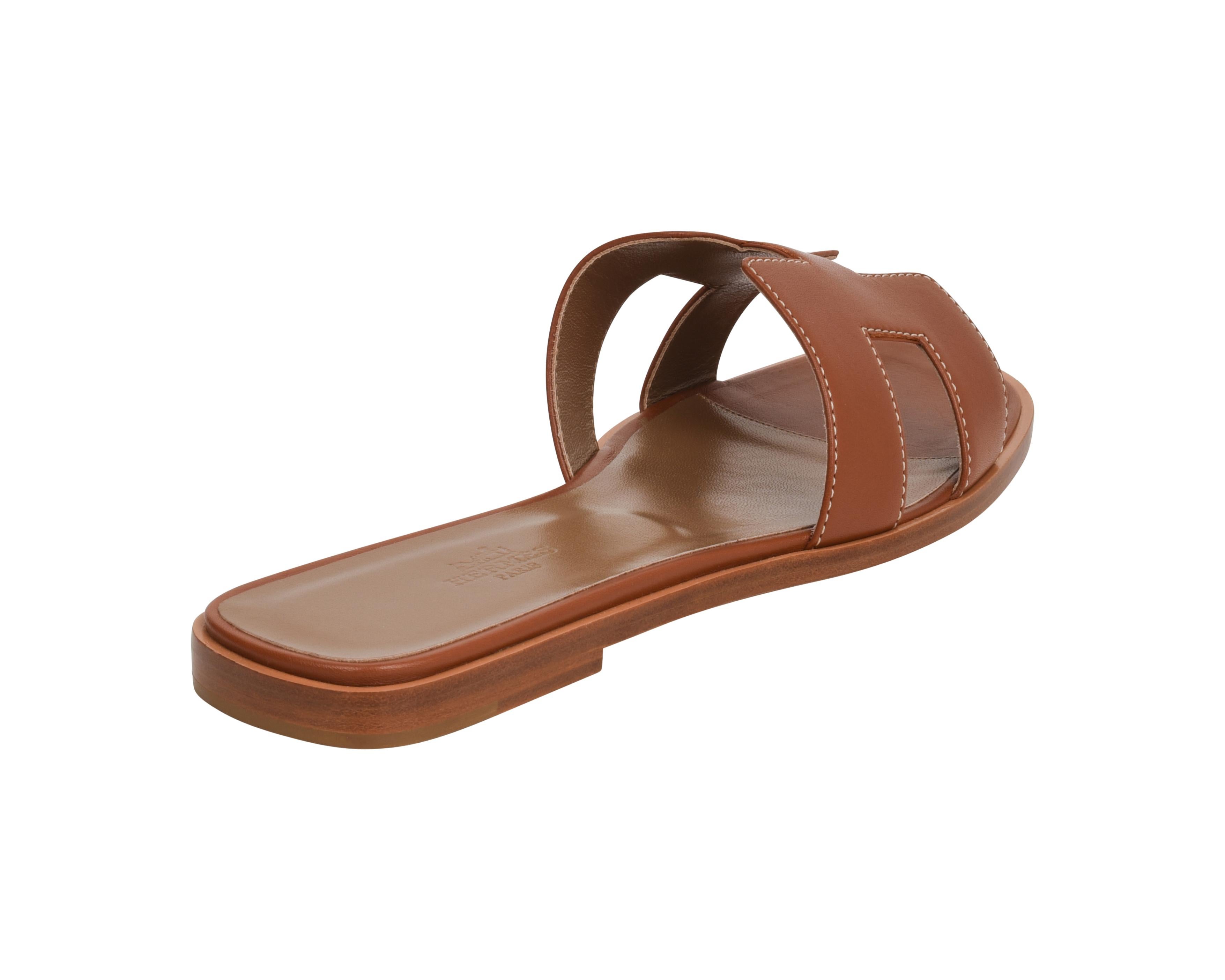Hermes Oran Gold Box Calfskin Sandal 36.5 For Sale 1