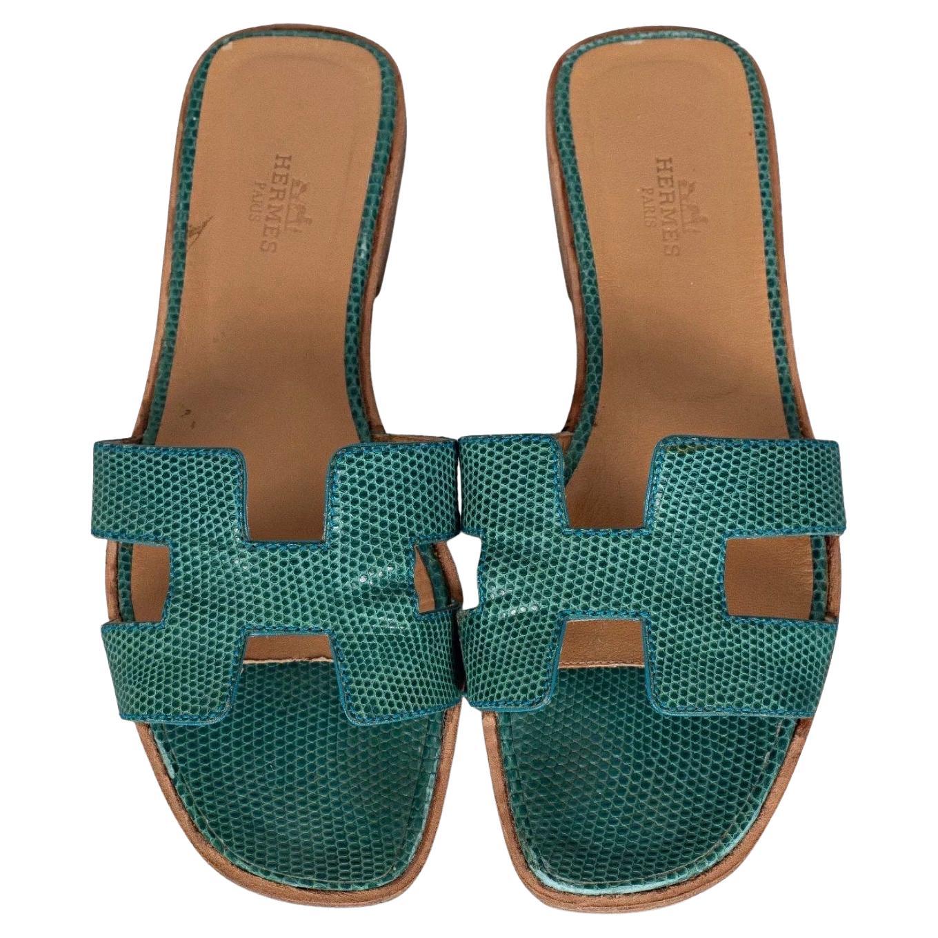 Sandales en cuir de lézard vert Hermès - Taille 37